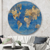 Designart 'Golden Blue World Map' Traditional Metal Circle Wall Art