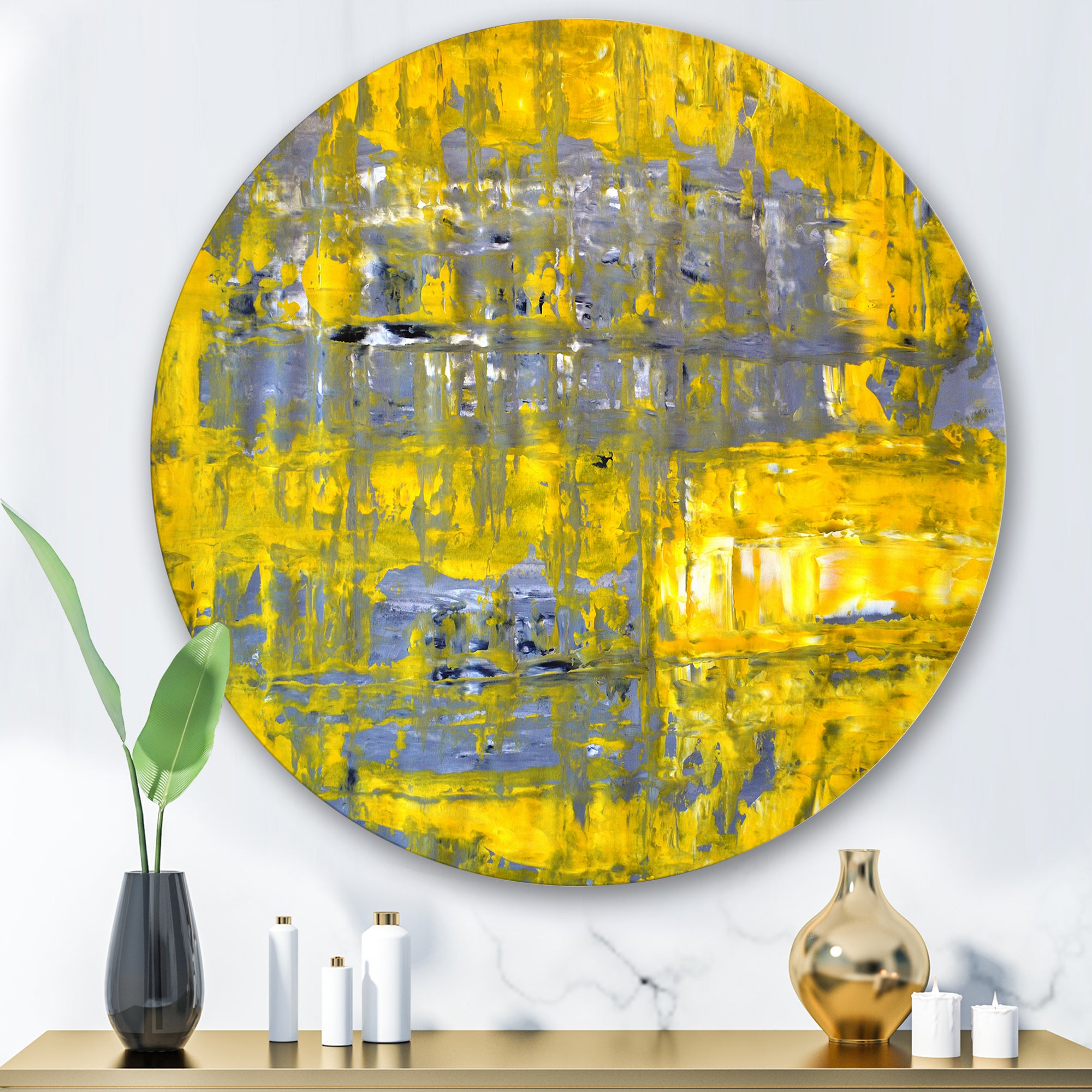 Designart 'Yellow Meets Grey Abstract Art I' Modern Metal Circle Wall Art