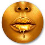 Designart 'Gold Paint Drips From Sexy Woman Lips' Modern Metal Circle Wall Art