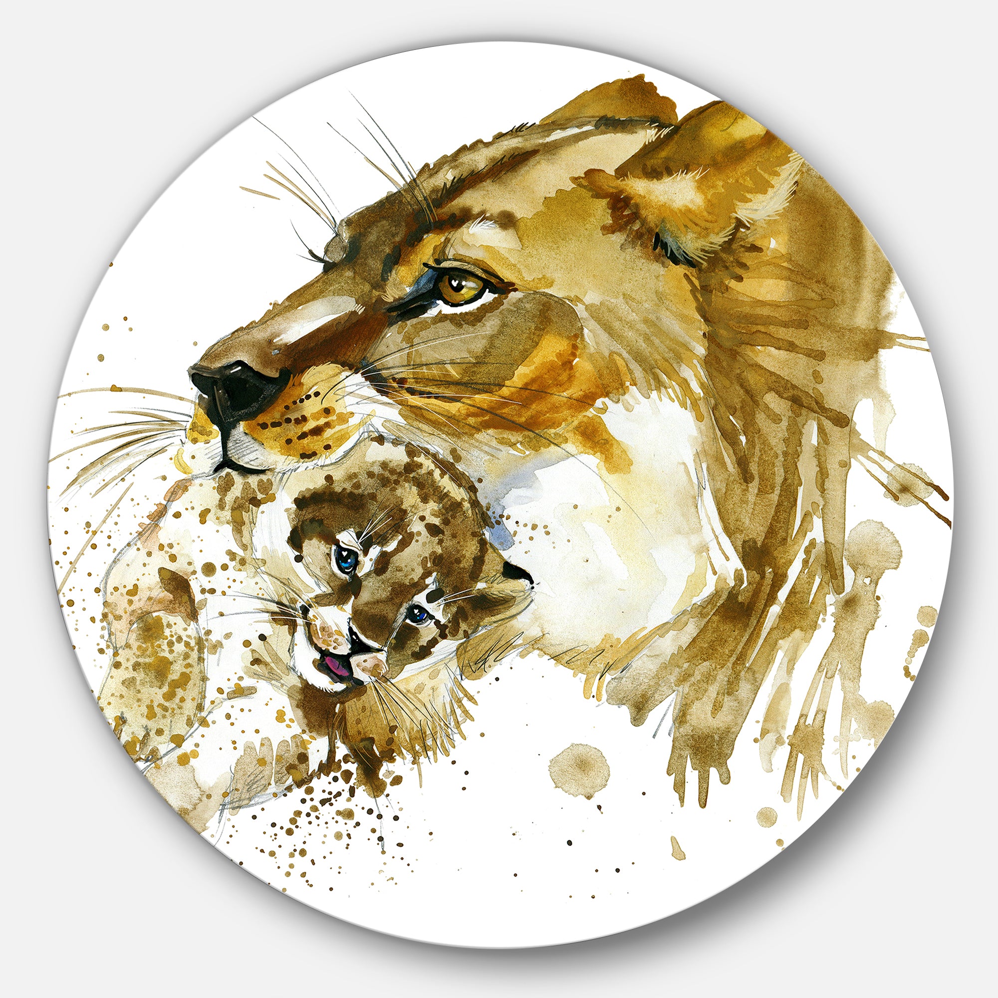 Lioness and Cub Illustration' Animal Metal Circle Wall Art