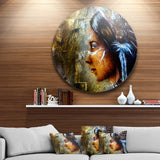 Indian Woman with Headdress' Portrait Circle Metal Wall Art