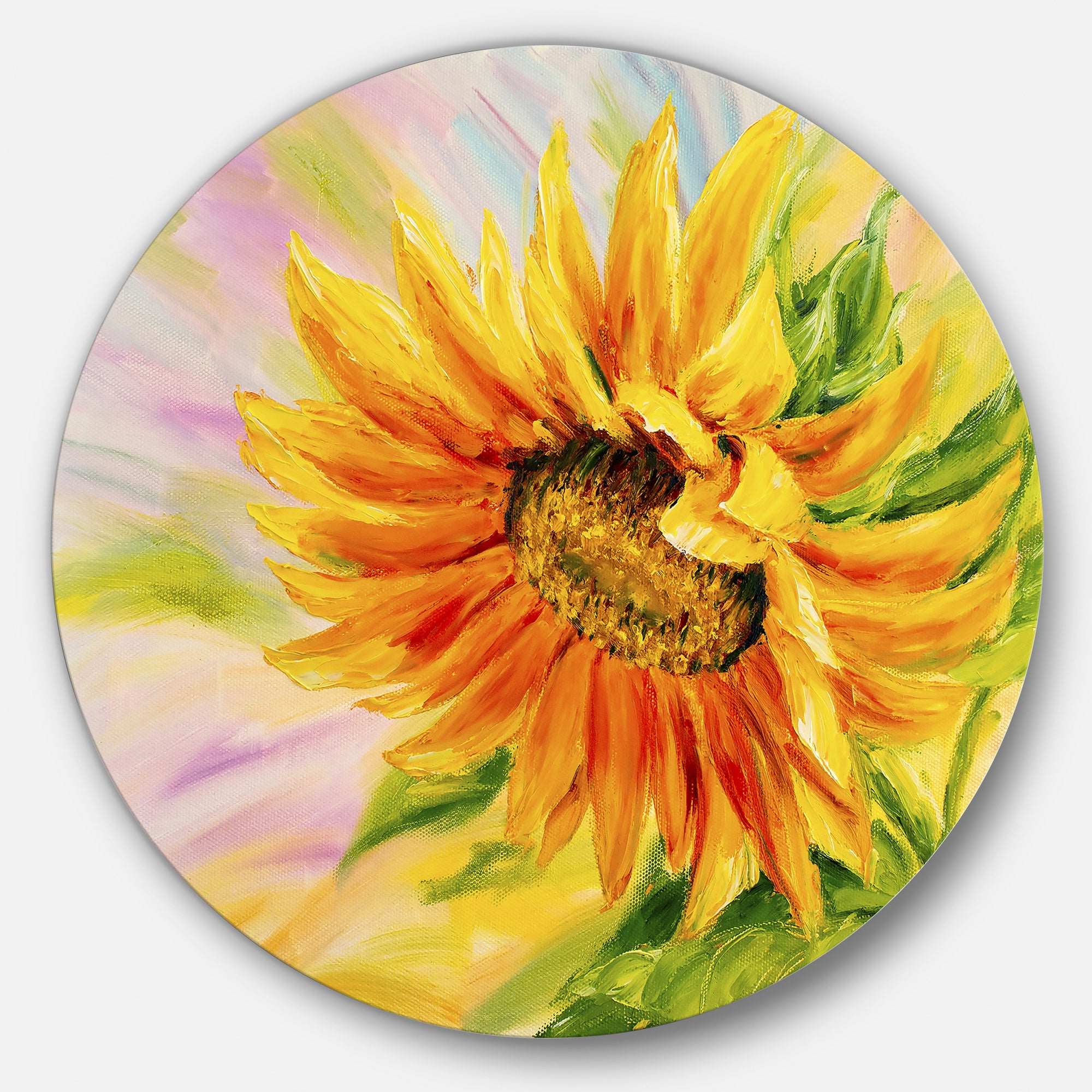 Sunflower Oil Painting' Floral Circle Metal Wall Art