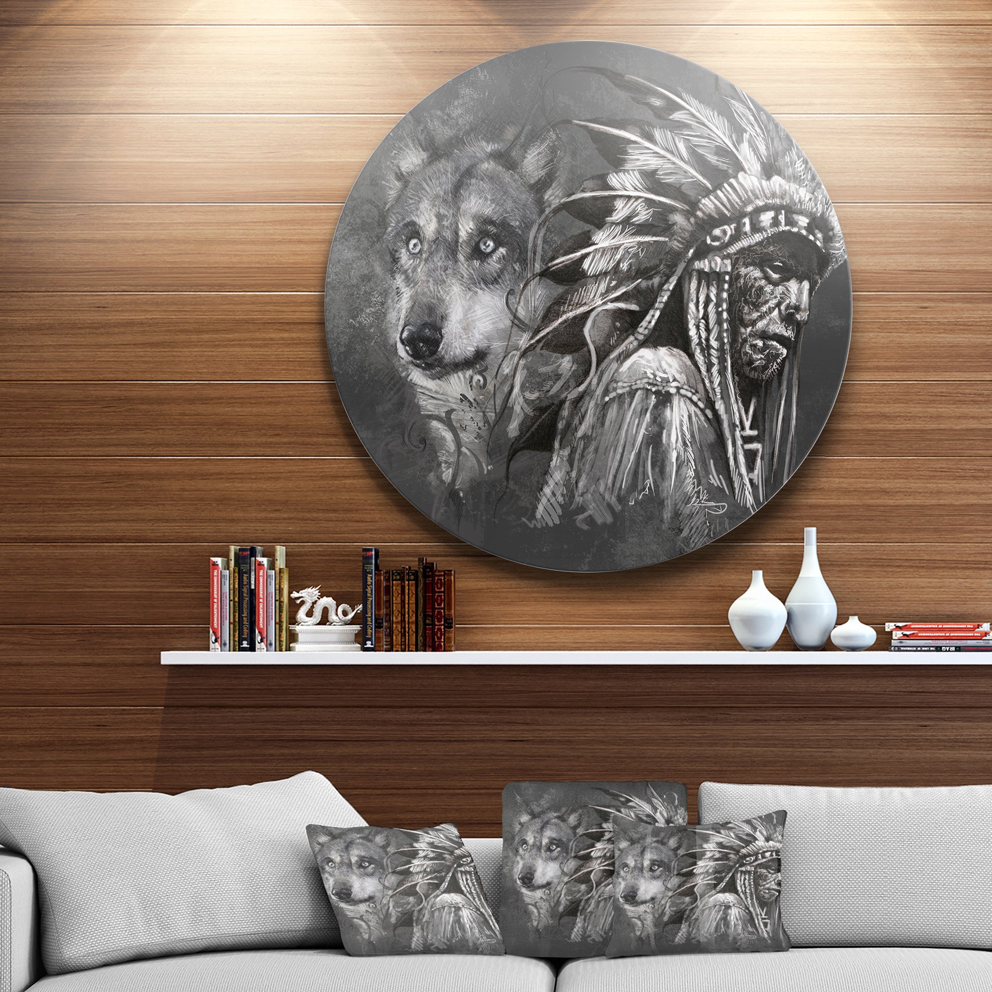 Wolf and American Indian Chief' Abstract Metal Artwork