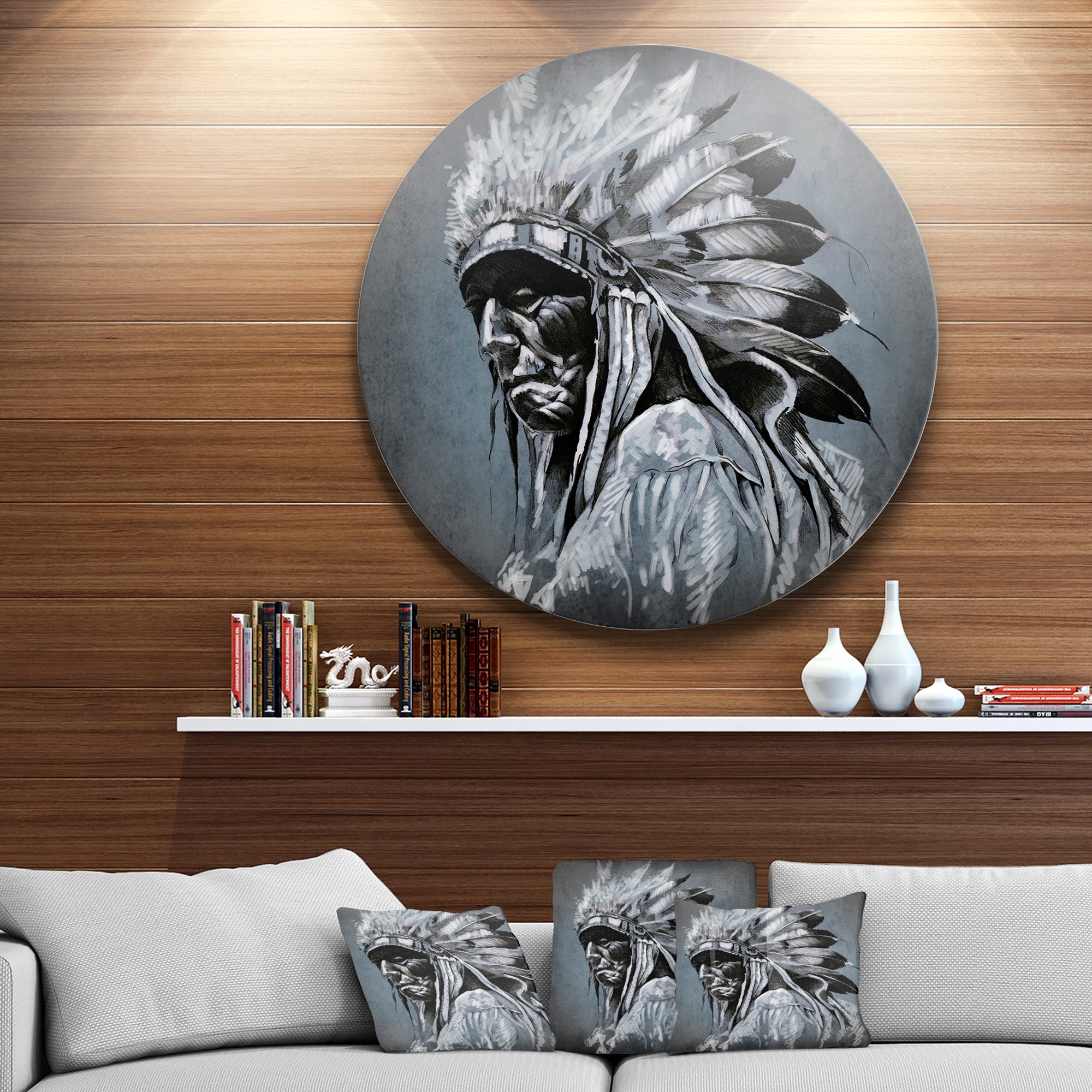 American Indian Tattoo Art' Portrait Circle Metal Wall Art