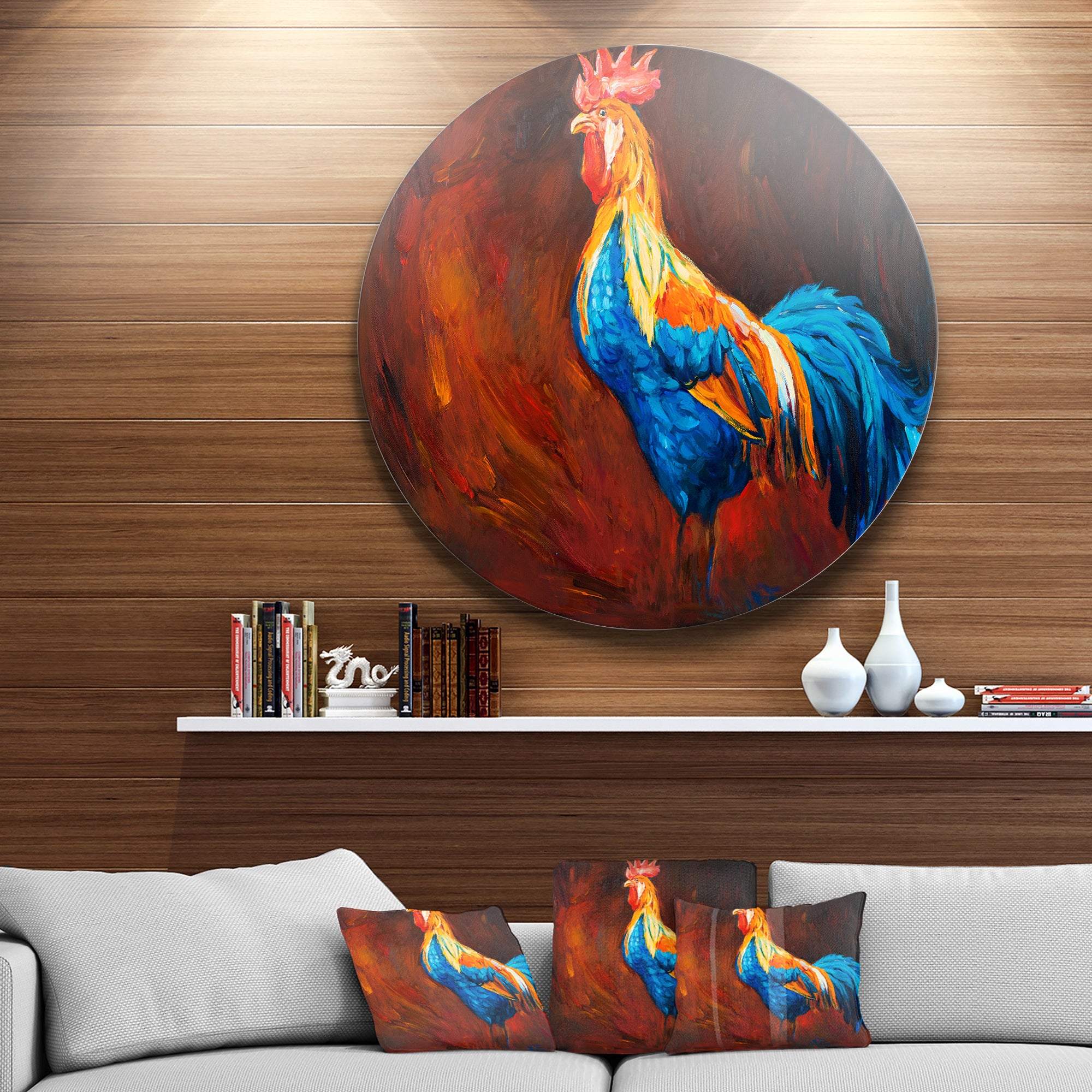 Blue and Orange Rooster' Disc Animal Circle Metal Wall Art