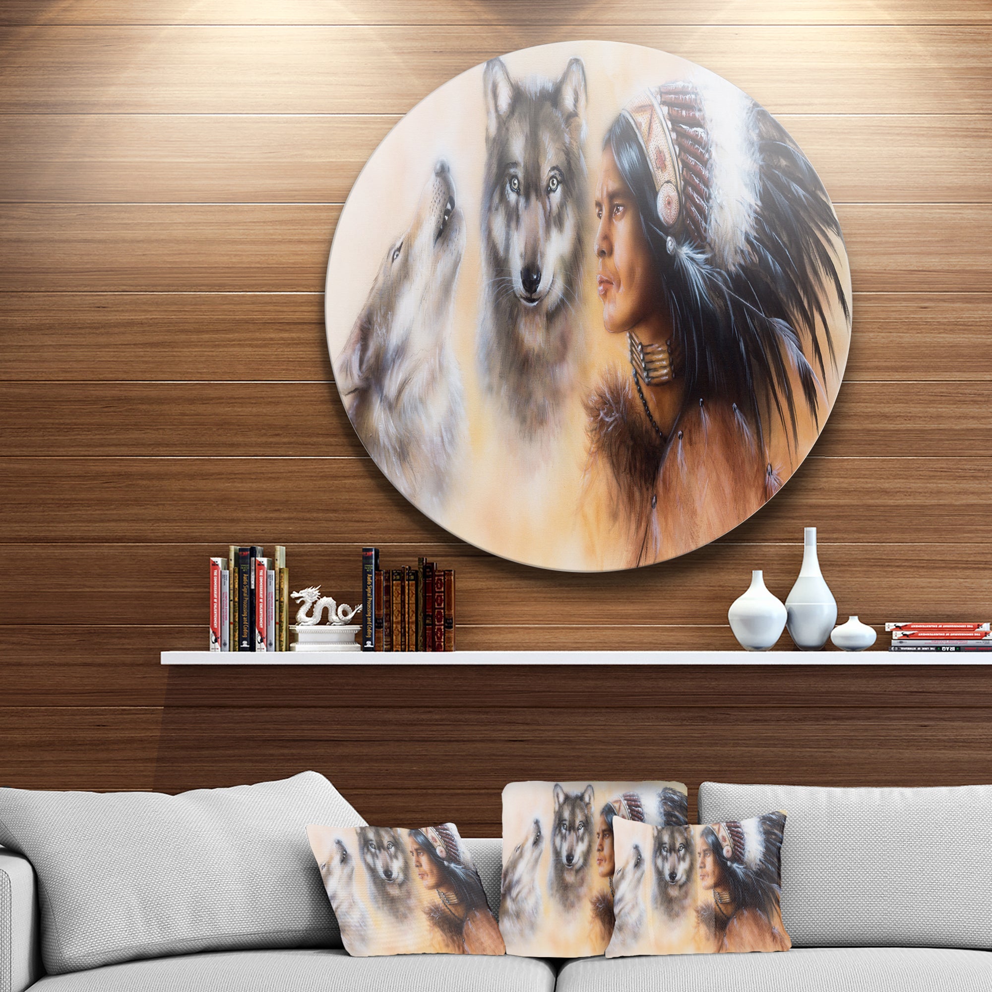 Indian Warrior with Two Wolves' Disc Animal Circle Metal Wall Art