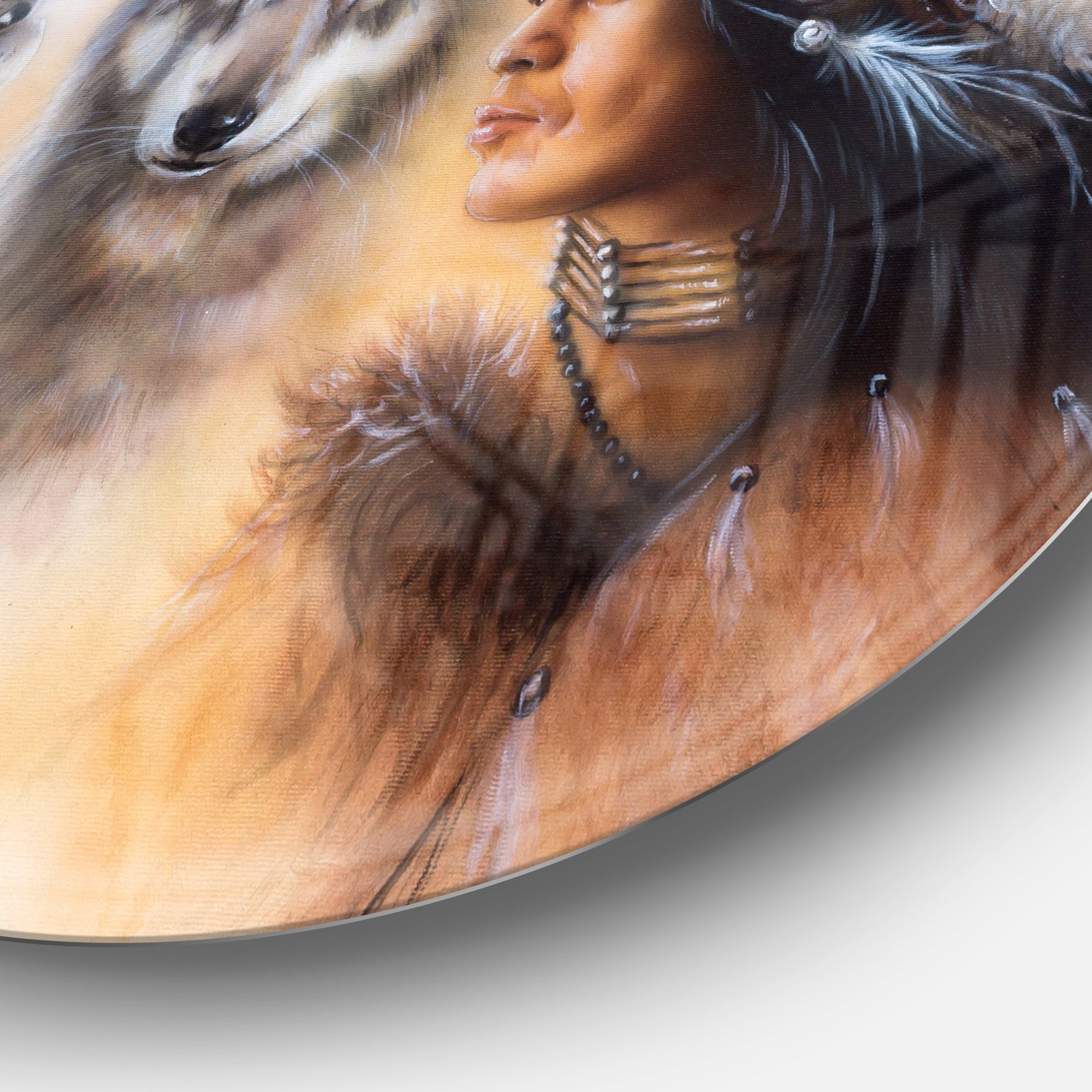Indian Warrior with Two Wolves' Disc Animal Circle Metal Wall Art