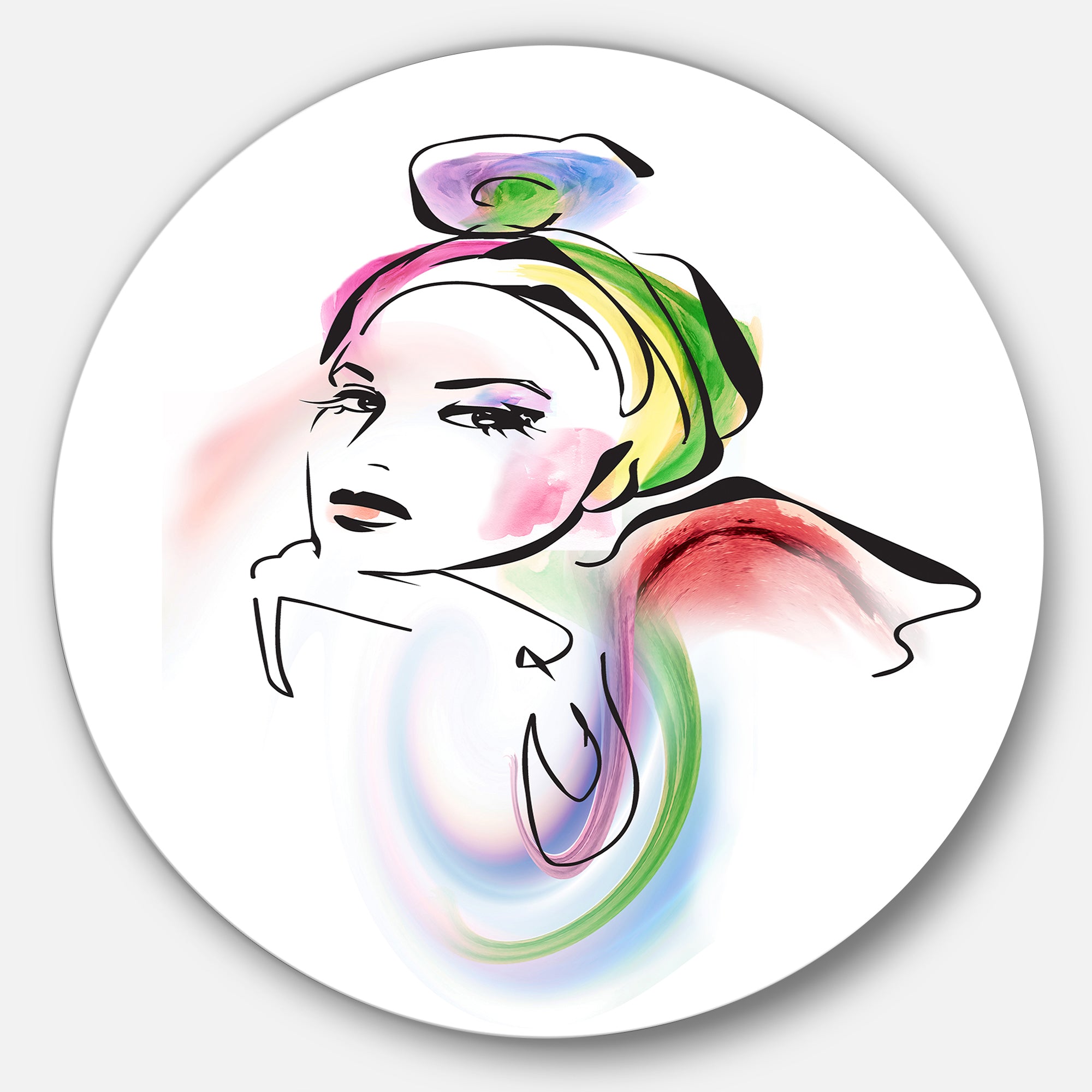 Drawing Portrait of Woman' Disc Abstract Circle Metal Wall Art