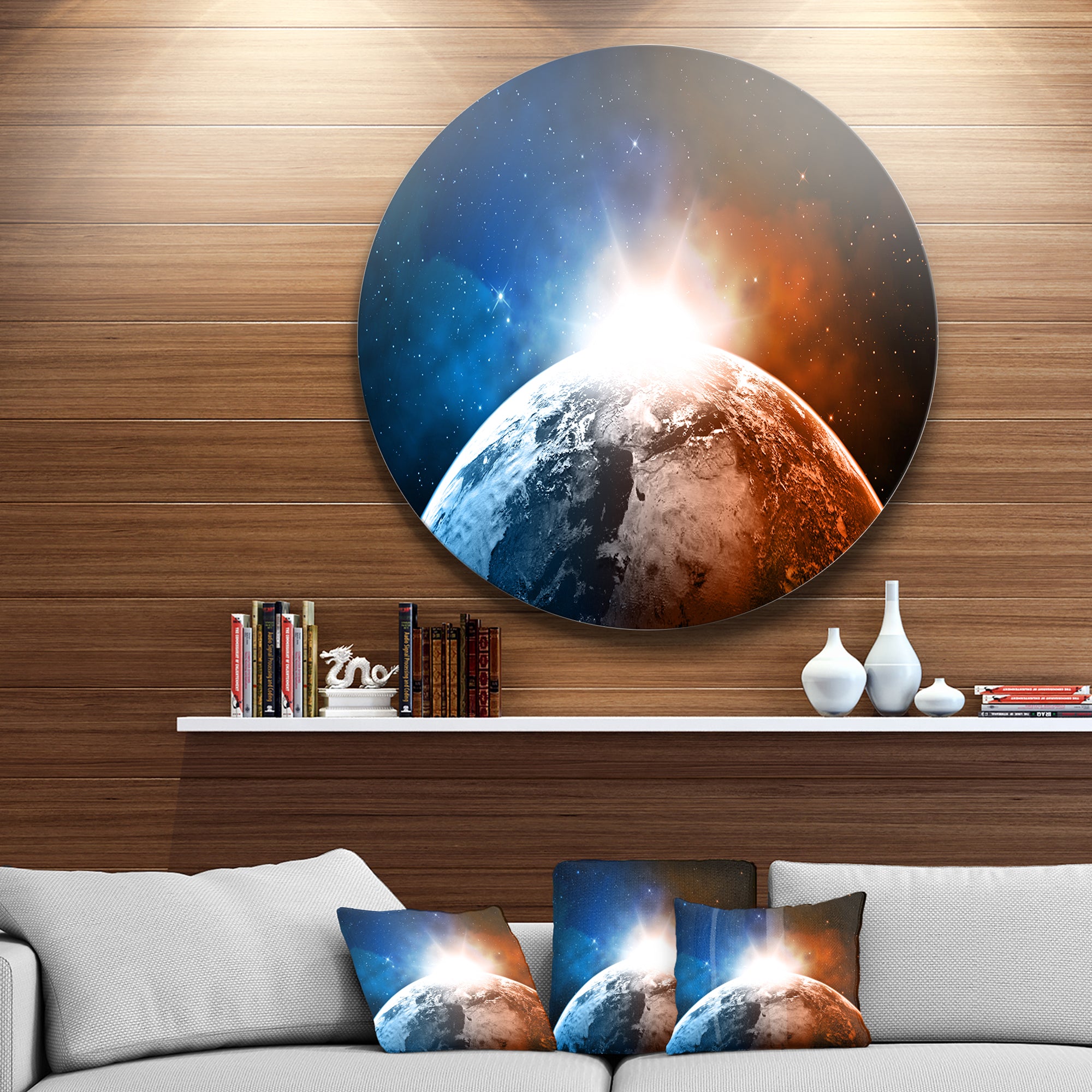 Planet with Sunrise in Space' Disc Contemporary Circle Metal Wall Art