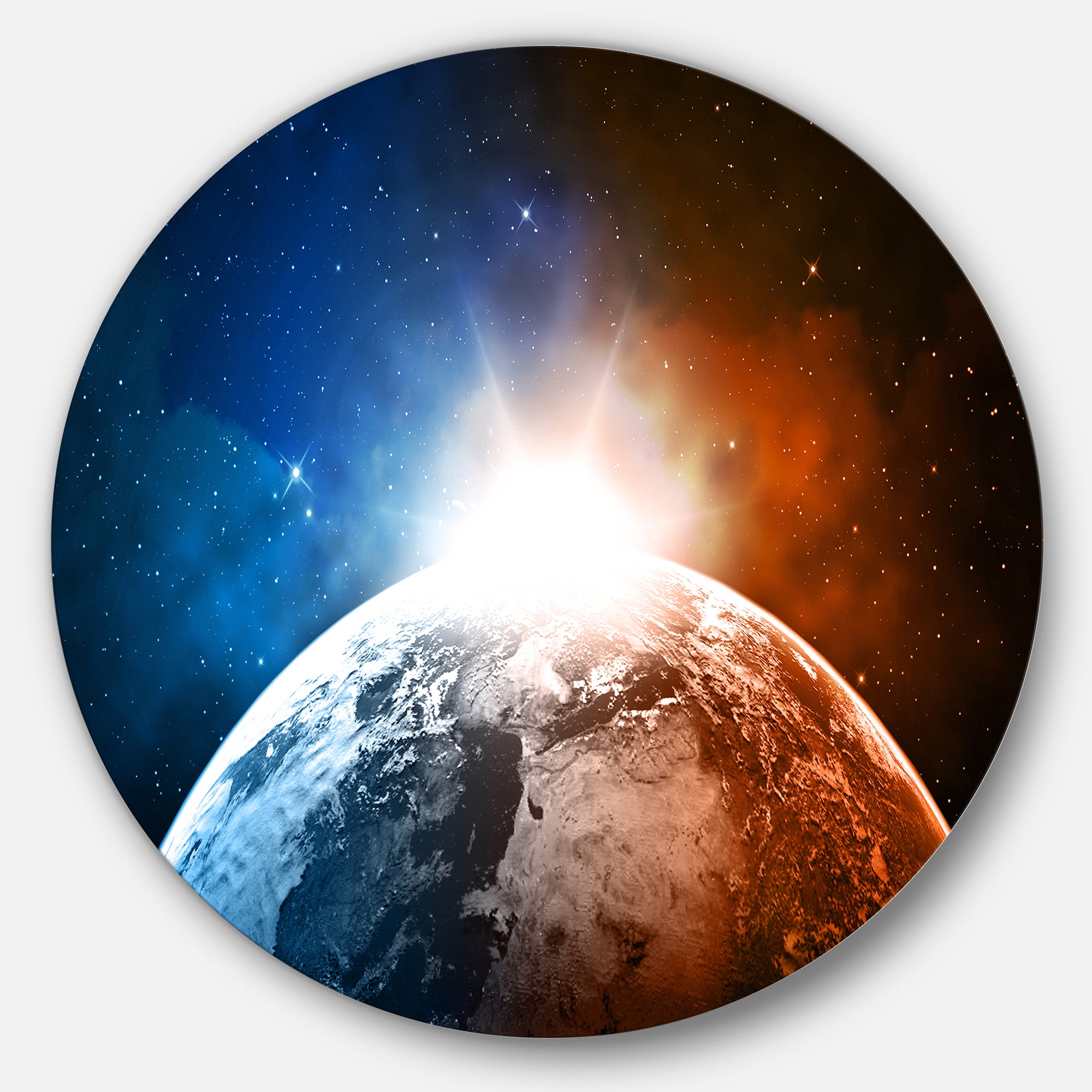 Planet with Sunrise in Space' Disc Contemporary Circle Metal Wall Art