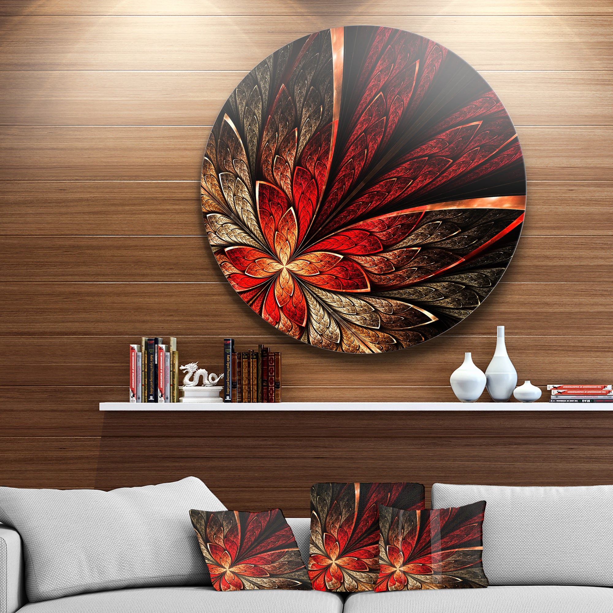 Fractal Flower in Yellow and Red' Disc Floral Circle Metal Wall Art