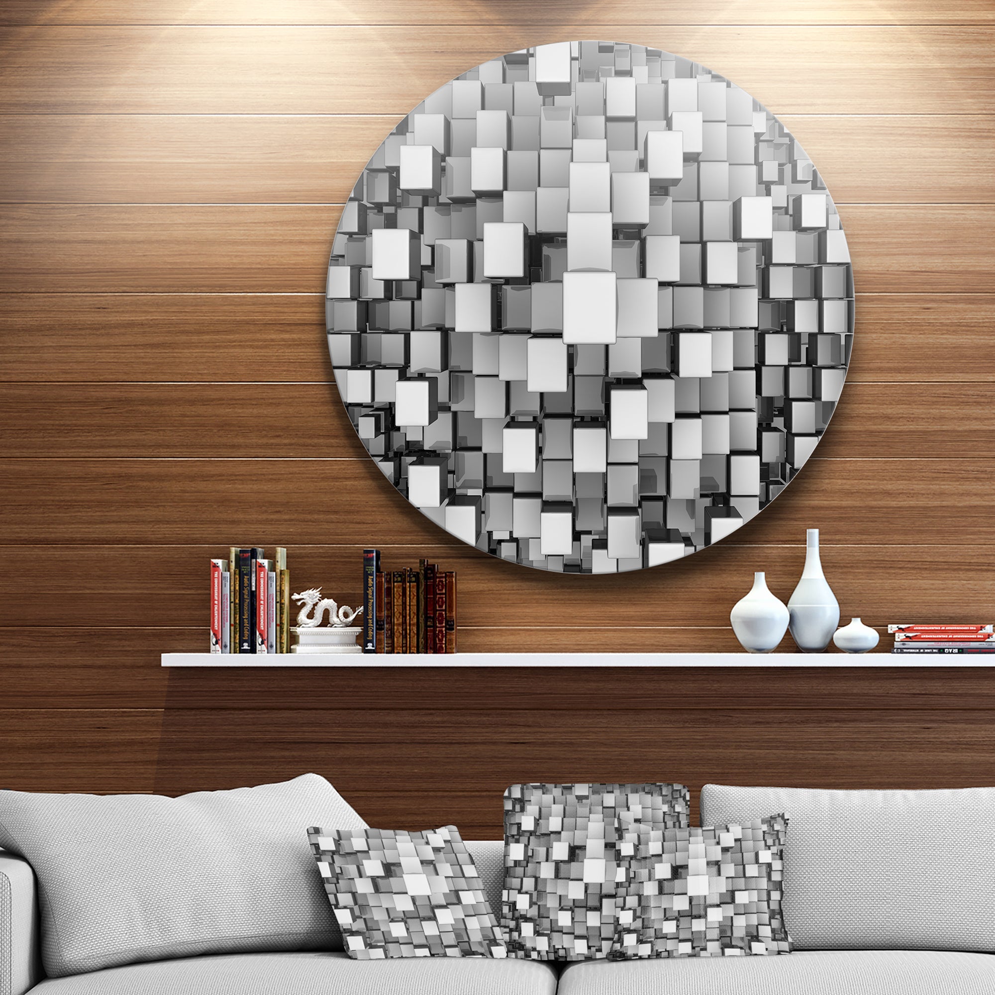 Black and Grey Cubes' Disc Contemporary Circle Metal Wall Art