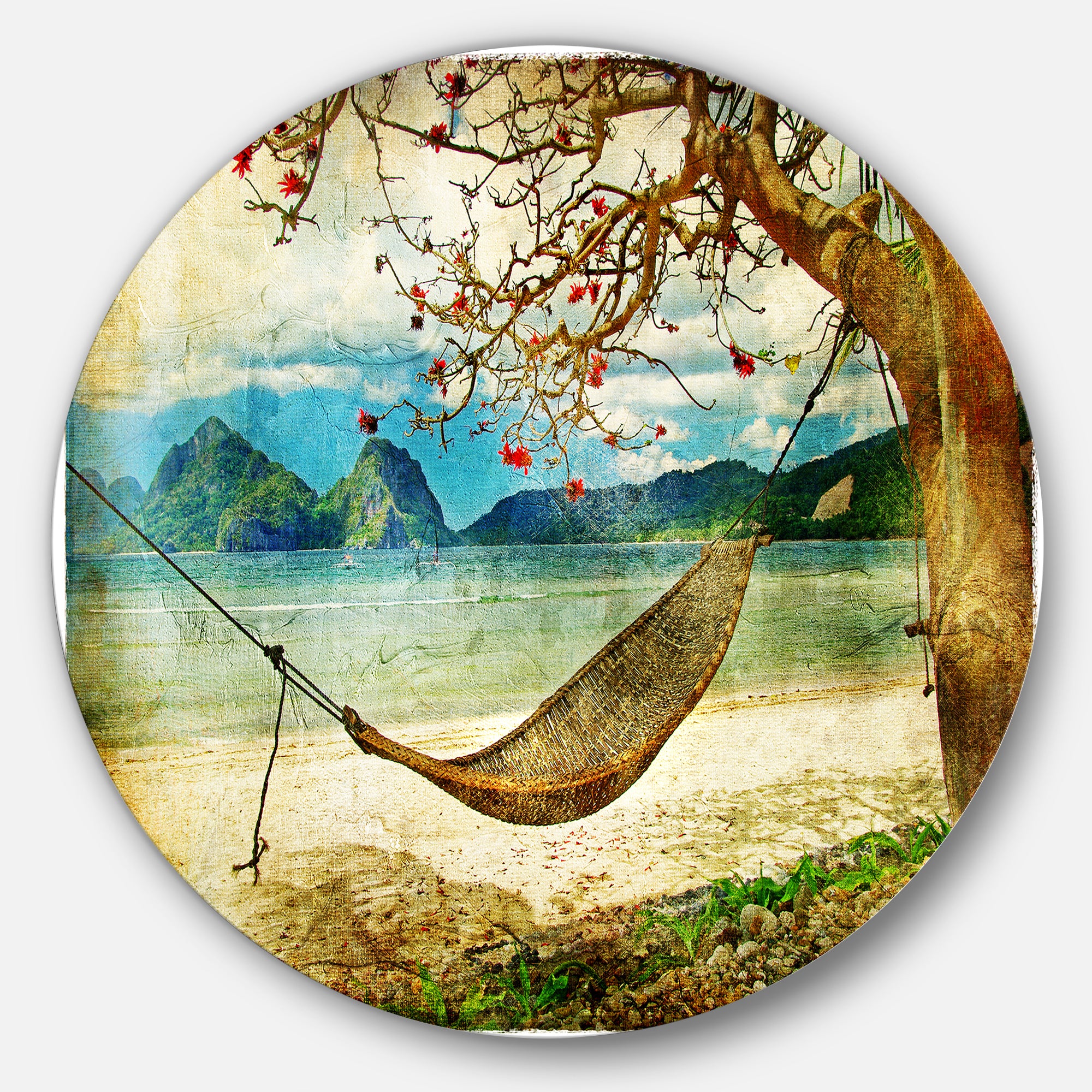 Tropical Sleeping Swing' Disc Contemporary Landscape Circle Metal Wall Art