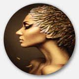 Woman with Gold Feather Hat' Disc Contemporary Circle Metal Wall Art