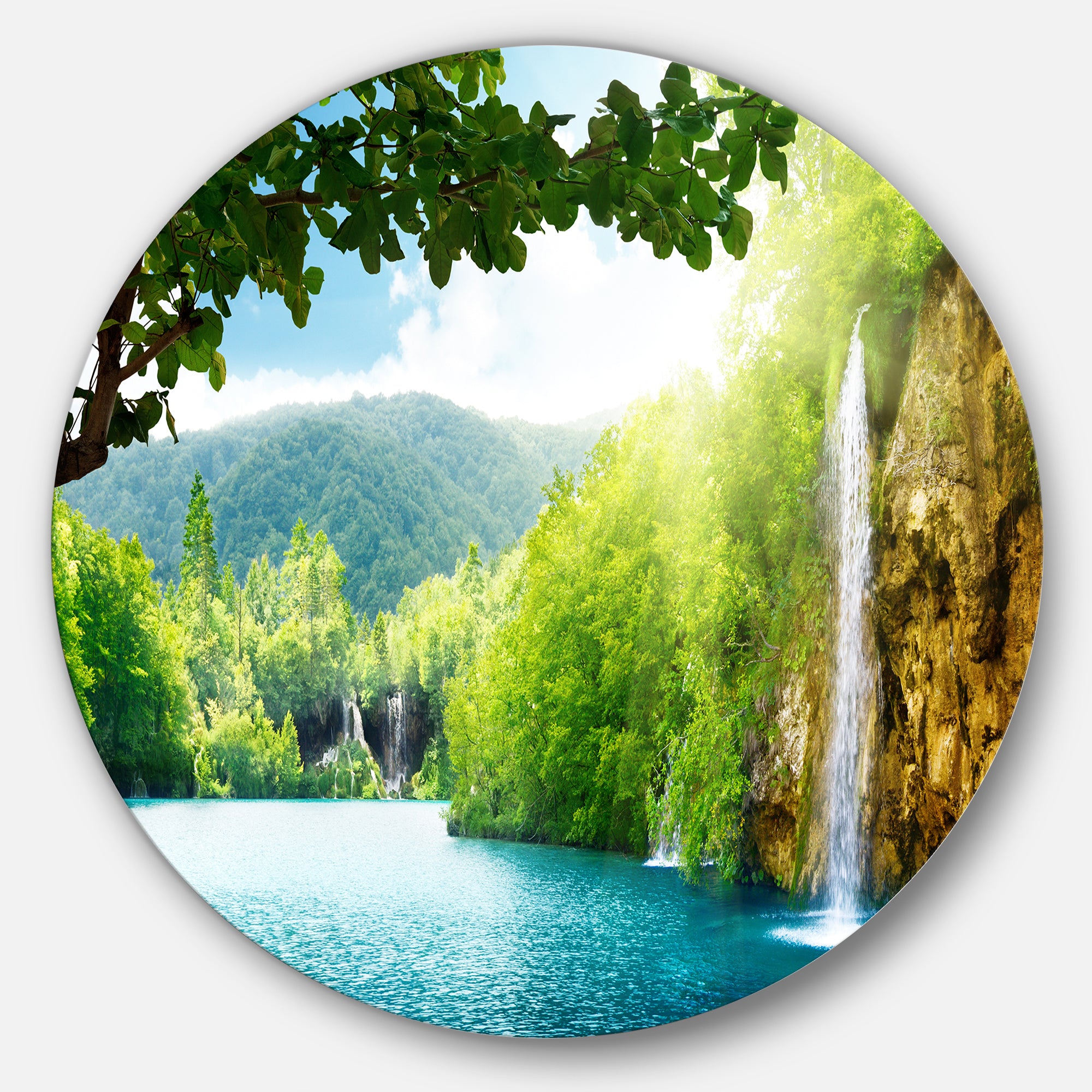 Waterfall in Deep Forest' Disc Landscape Photography Circle Metal Wall Art