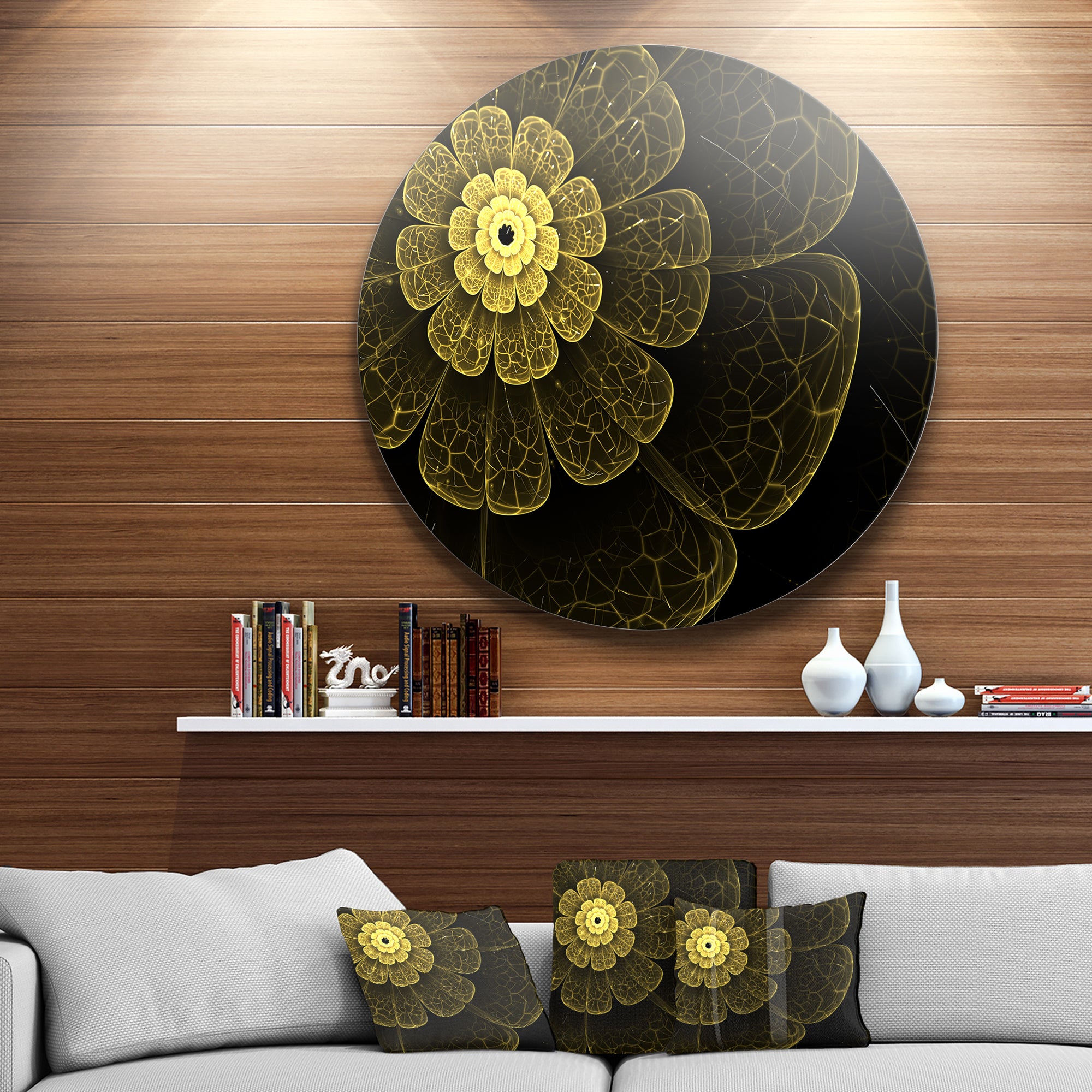 Light Yellow Metallic Fabric Flower' Disc Large Contemporary Circle Metal Wall Arts