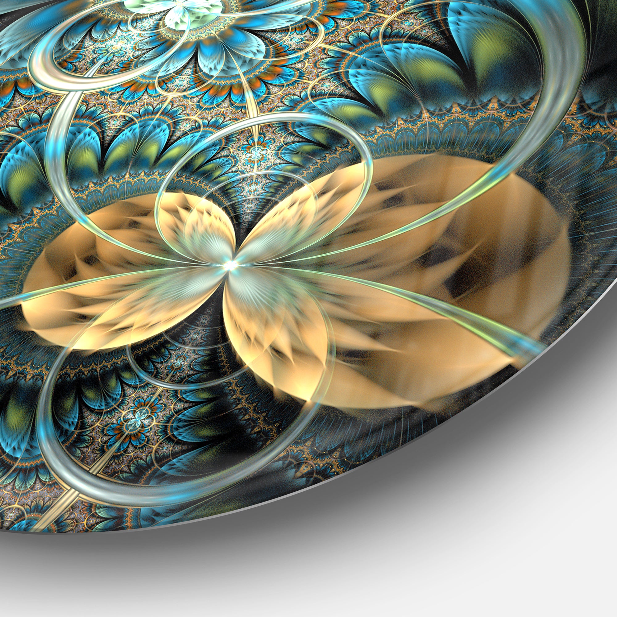 Symmetrical Blue Gold Fractal Flower' Disc Large Contemporary Circle Metal Wall Arts
