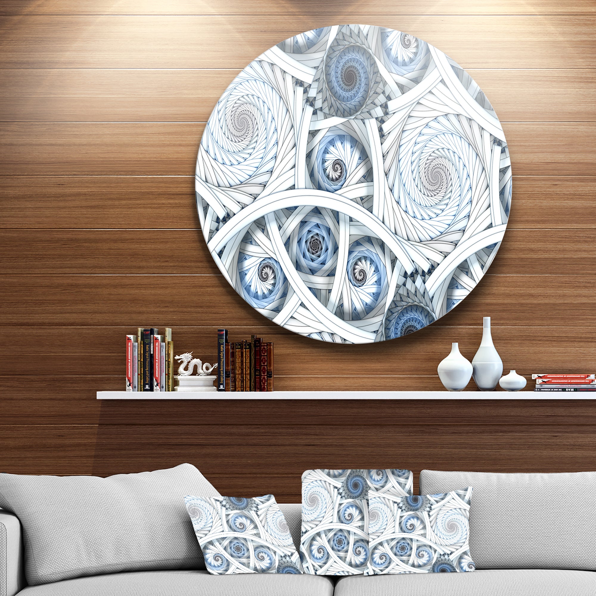 White Spiral with Blue Fractal Art' Disc Large Abstract Circle Metal Wall Art