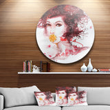 Illustrated Girl with Red Hair' Disc Abstract Portrait Circle Metal Wall Art