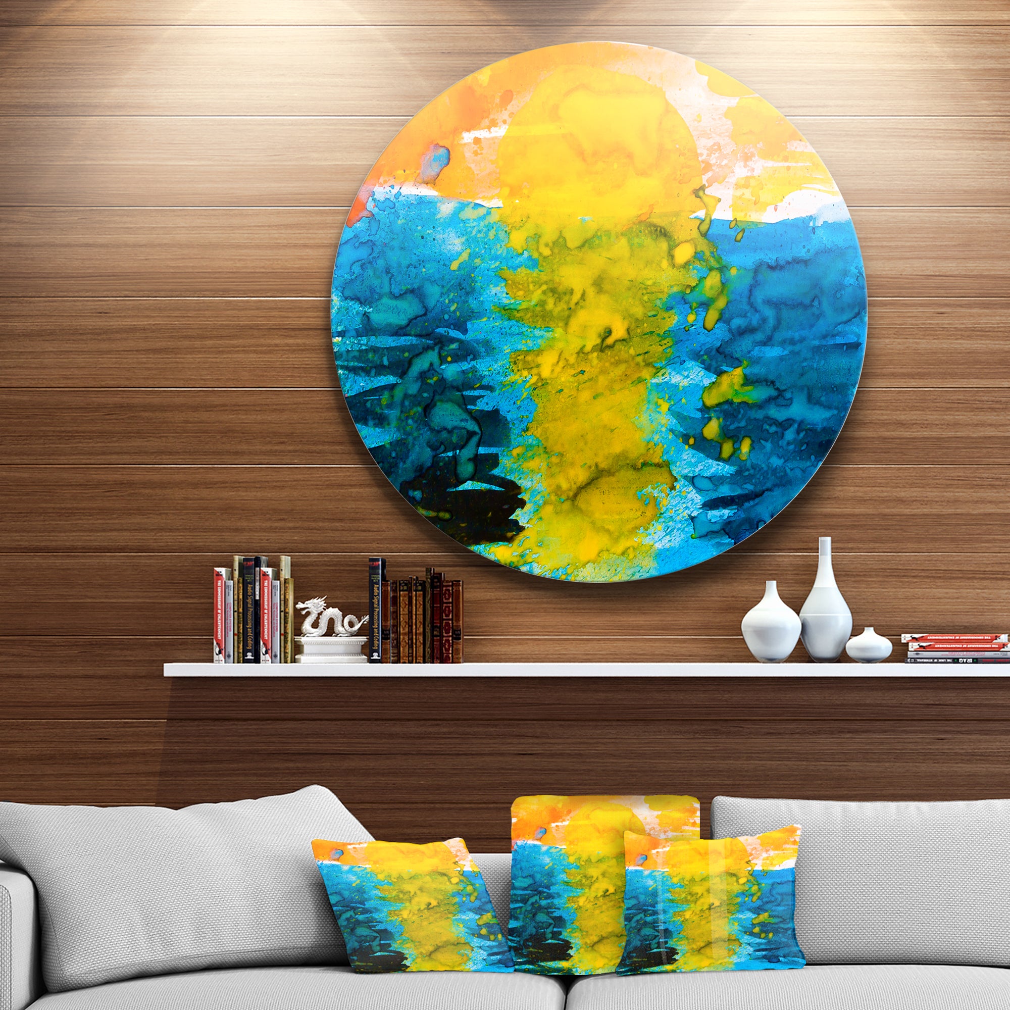 Sea Texture in Yellow Blue' Disc Large Contemporary Circle Metal Wall Art