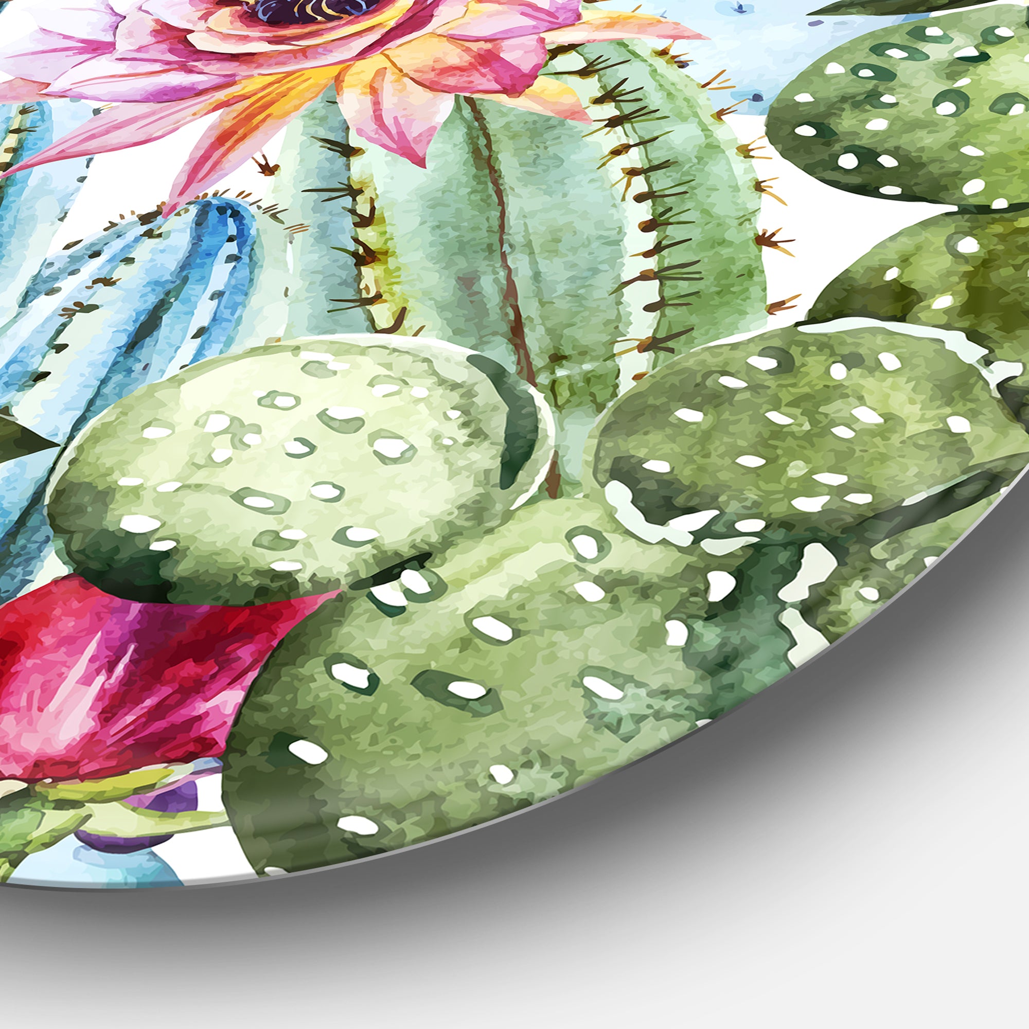 Cactus Pattern Watercolor' Floral Circle Metal Wall Art