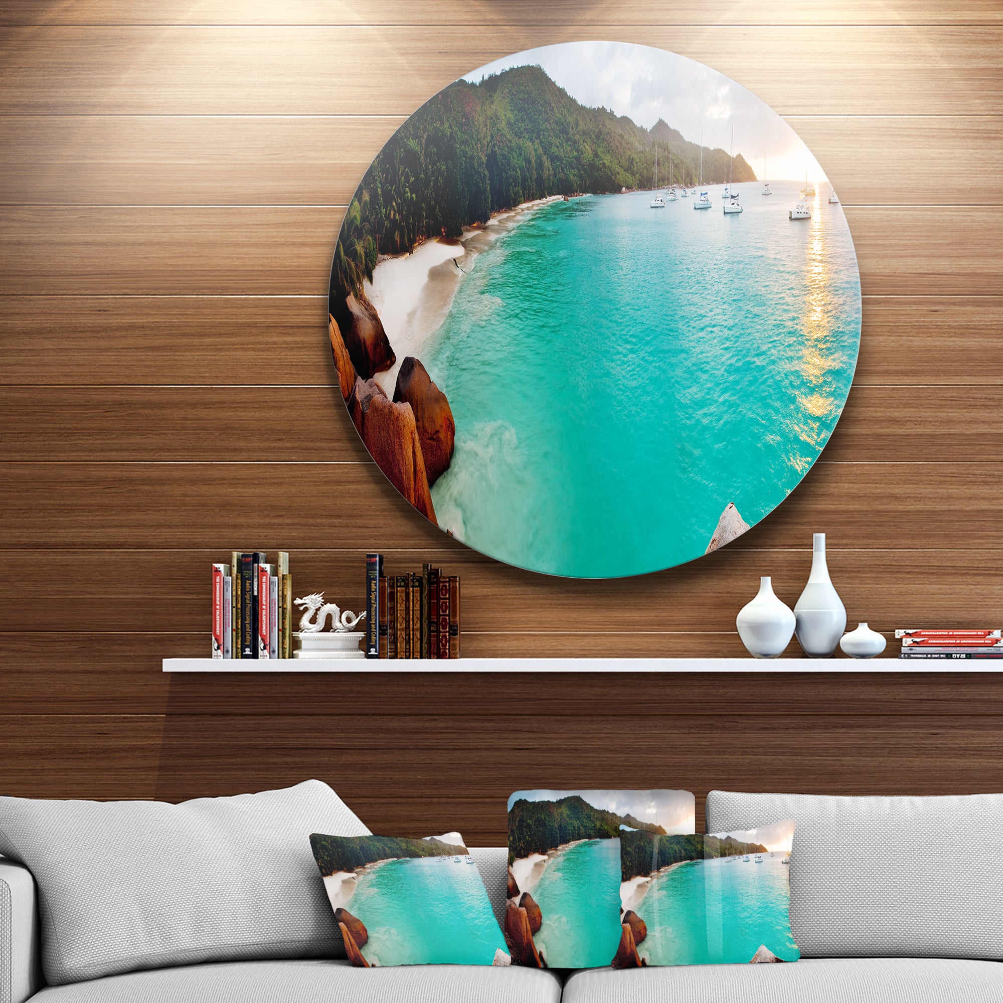 Tropical Beach with Blue Waters' Seascape Circle Metal Wall Art