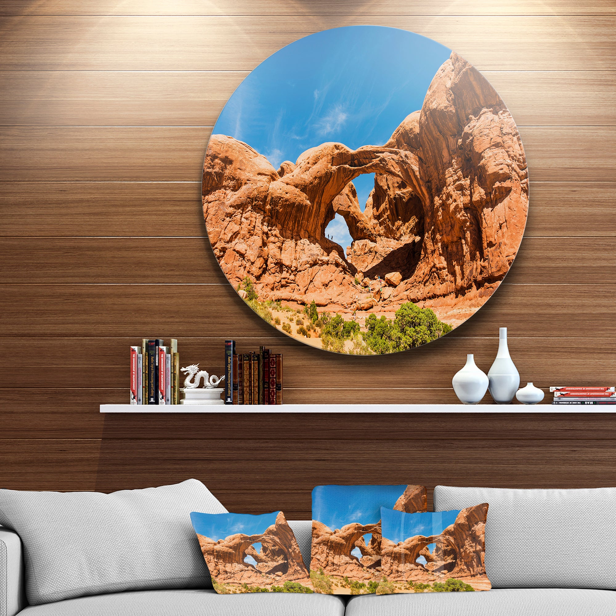 Double Arch in Arches National Park' Landscape Photography Circle Metal Wall Art