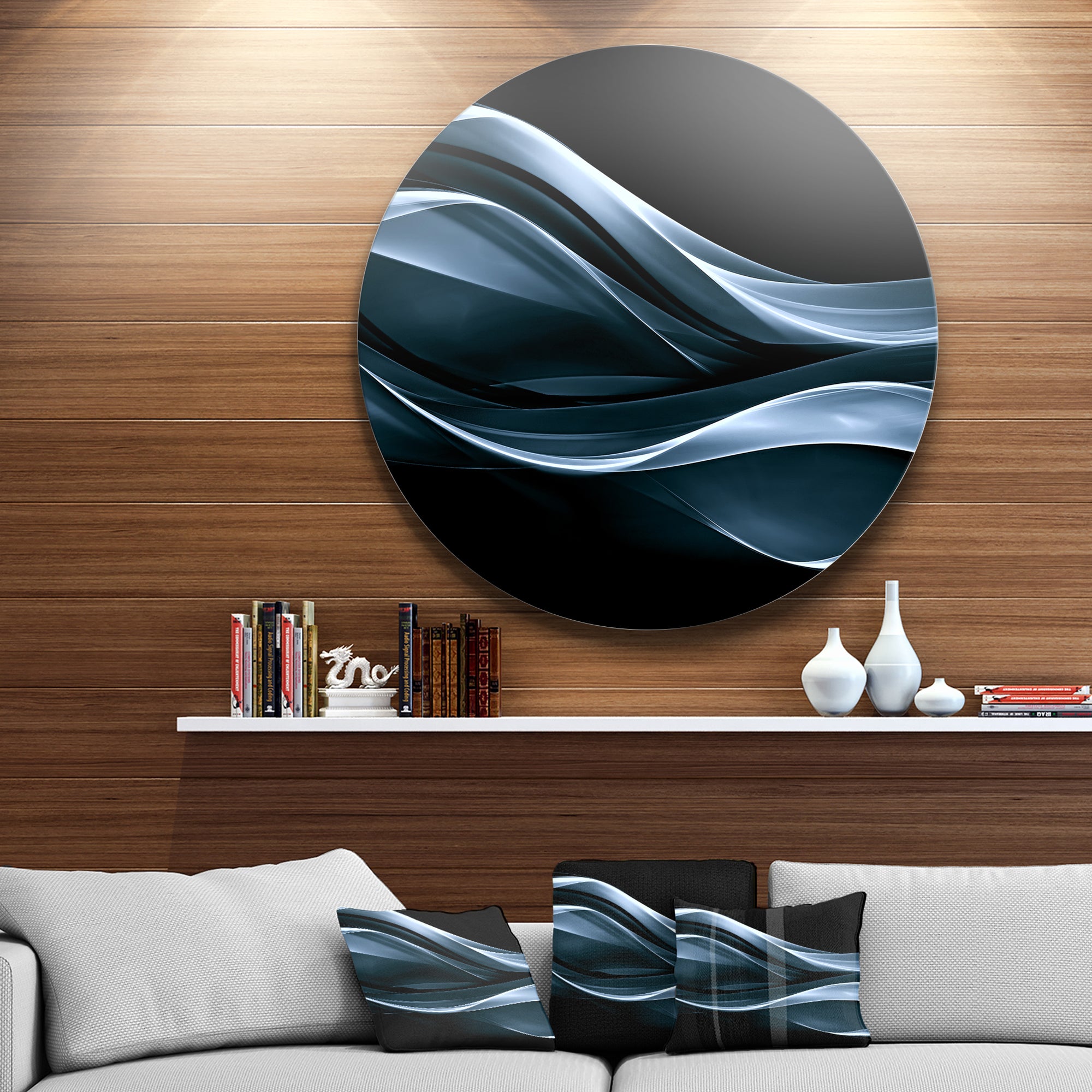 Fractal Lines Blue in Black' Abstract Circle Metal Wall Art