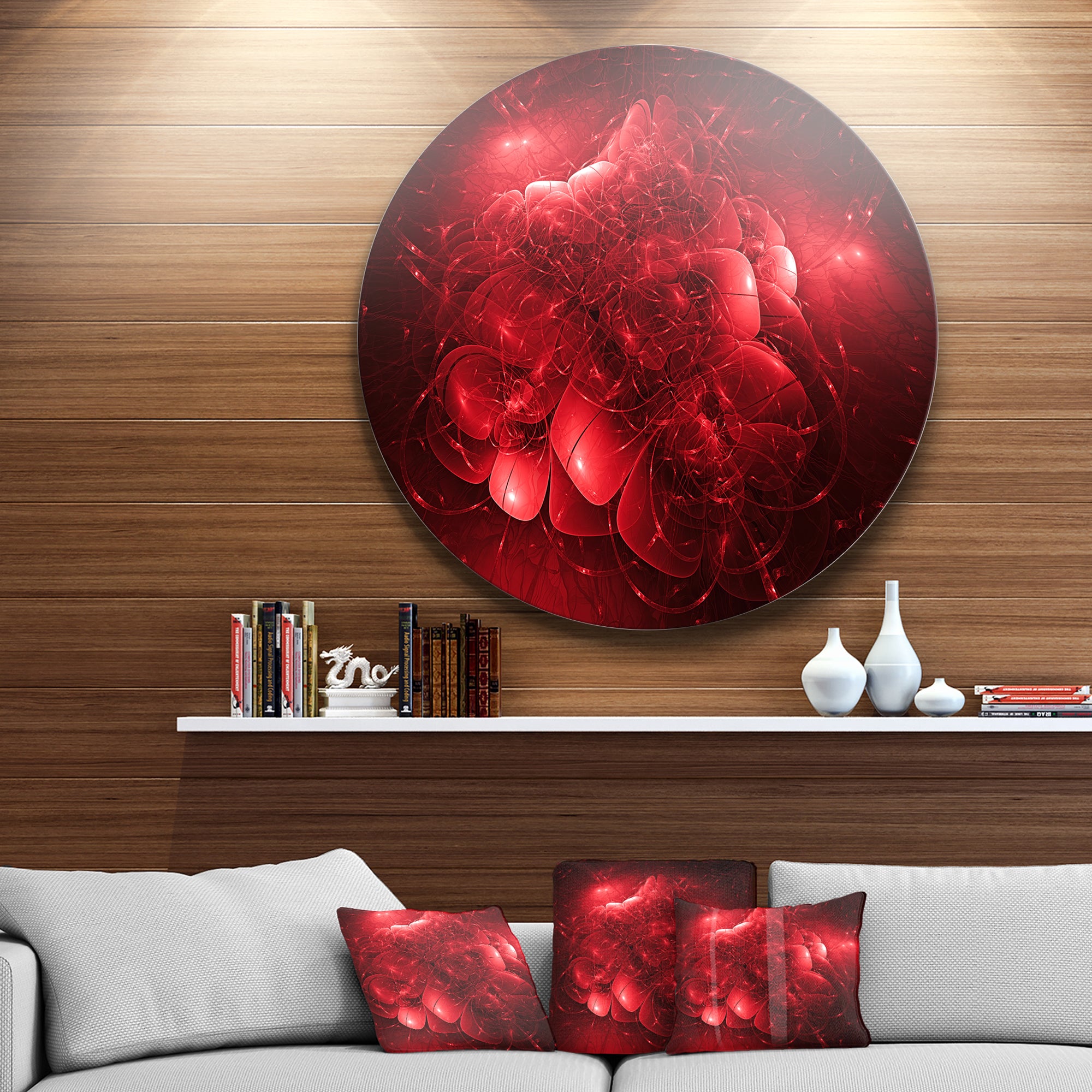 Alien Mystical Flower Red' Floral Circle Metal Wall Art