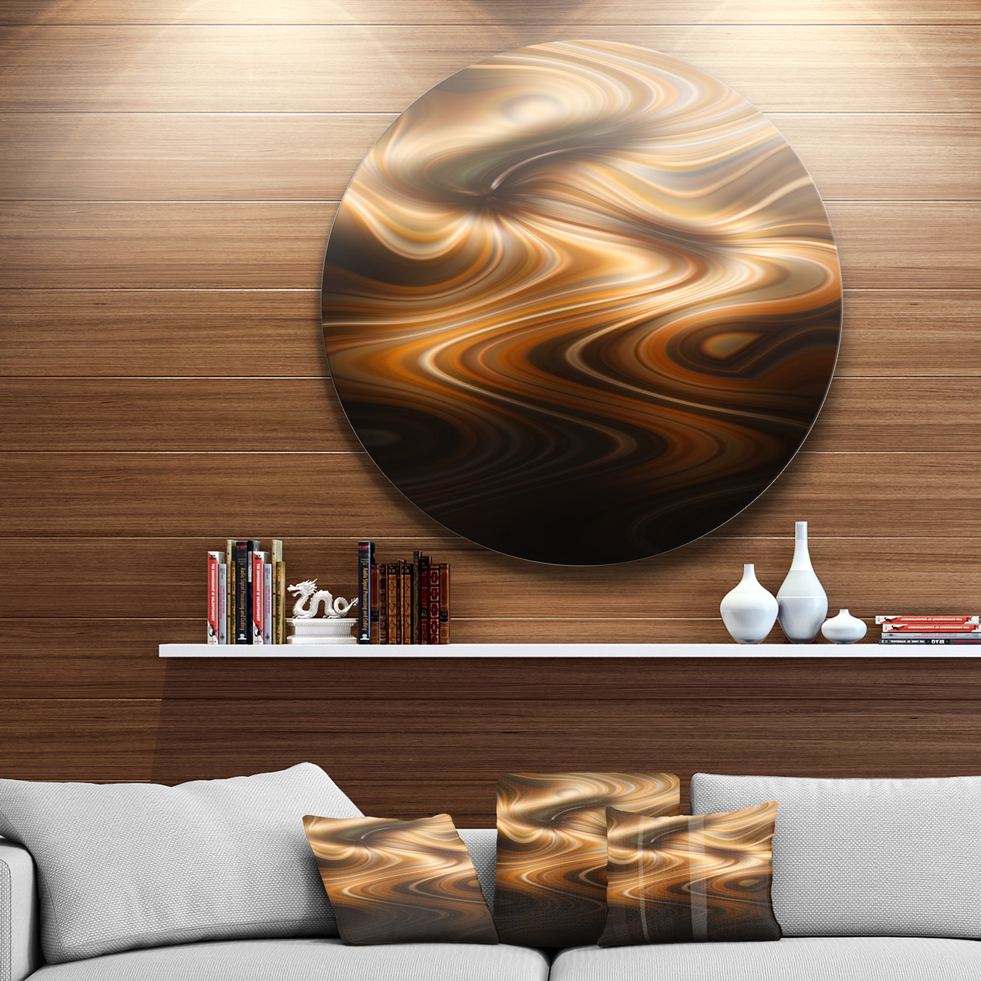 Brown Curved Waves Texture' Large Abstract Circle Metal Wall Art