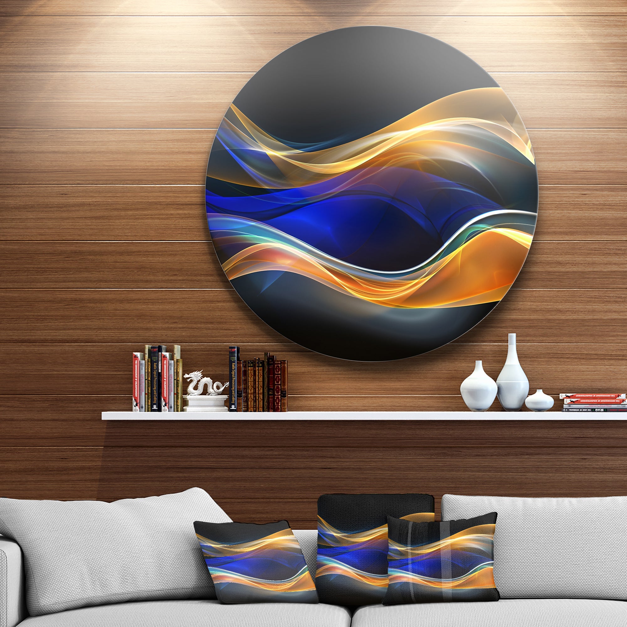 3D Gold Blue Wave Design' Abstract Circle Metal Wall Art