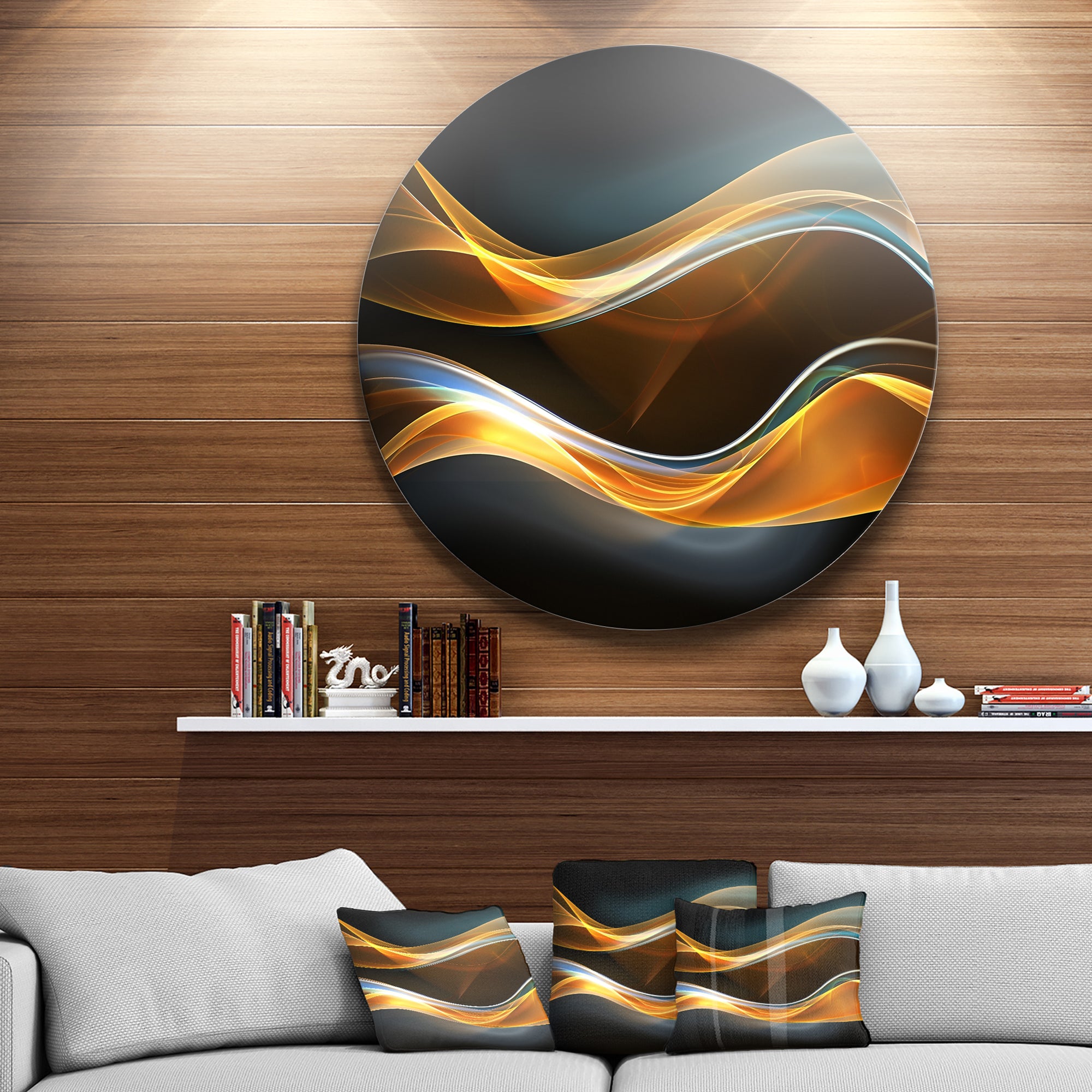 3D Gold Waves in Black' Abstract Circle Metal Wall Art