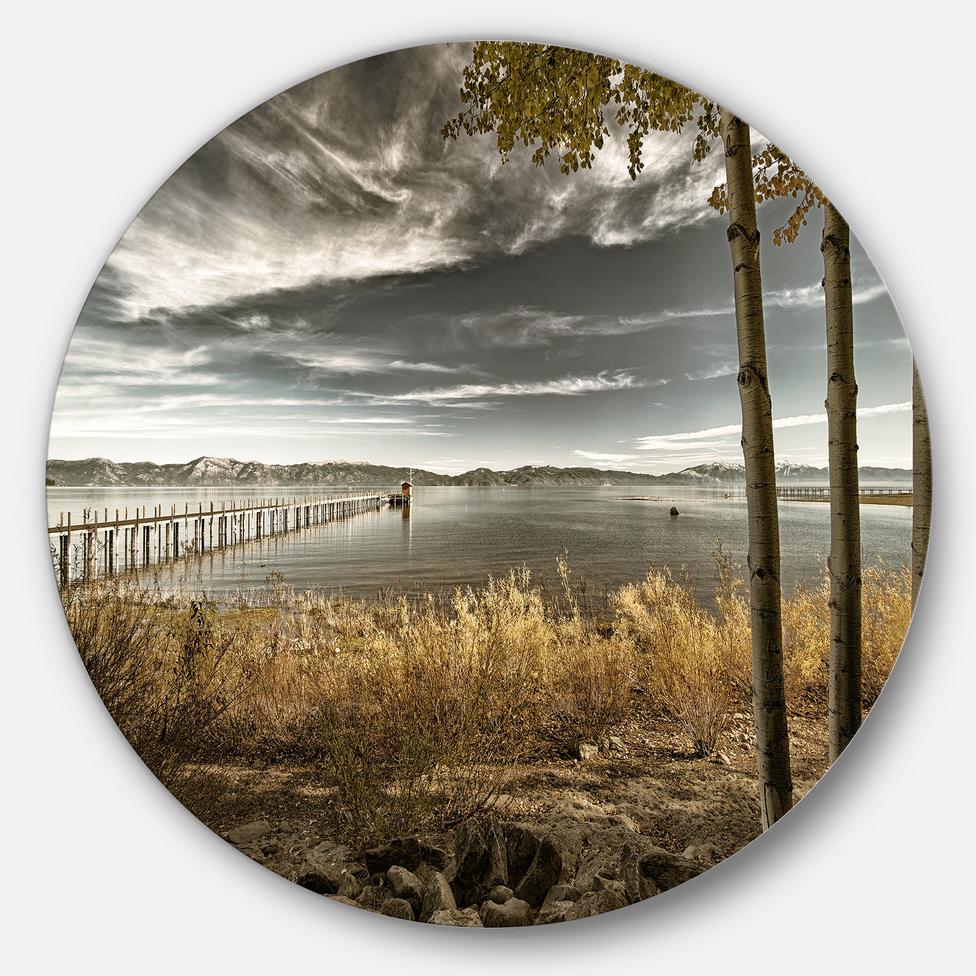 Pier in Brown Lake' Landscape Photo Circle Circle Metal Wall Art