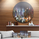 Lit NYC Manhattan Skyline' Cityscape Photo Circle Circle Metal Wall Art