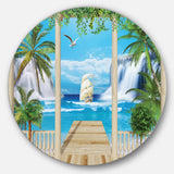 Wooden Terrace with Sea View' Landscape Photography Circle Circle Metal Wall Art