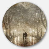 Couple Walking in Night Lights' Landscape Photography Circle Circle Metal Wall Art