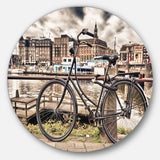 Bike Over Bridge in Amsterdam' Cityscape Photo Circle Metal Wall Art