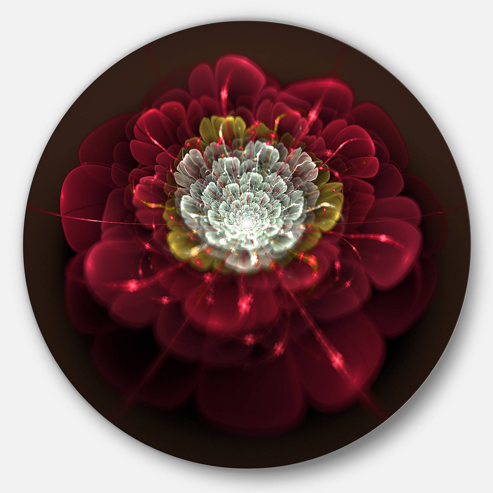 Red Fractal Flower with White' Floral Circle Metal Wall Art