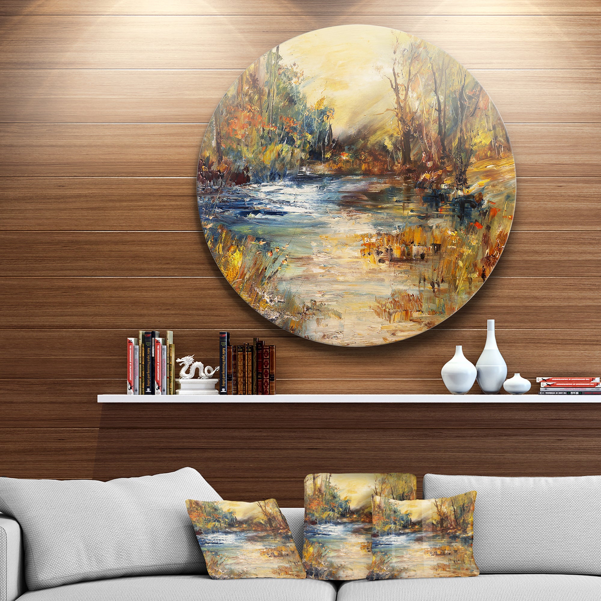 Stream in Forest Oil Painting' Landscape Painting Circle Metal Wall Art