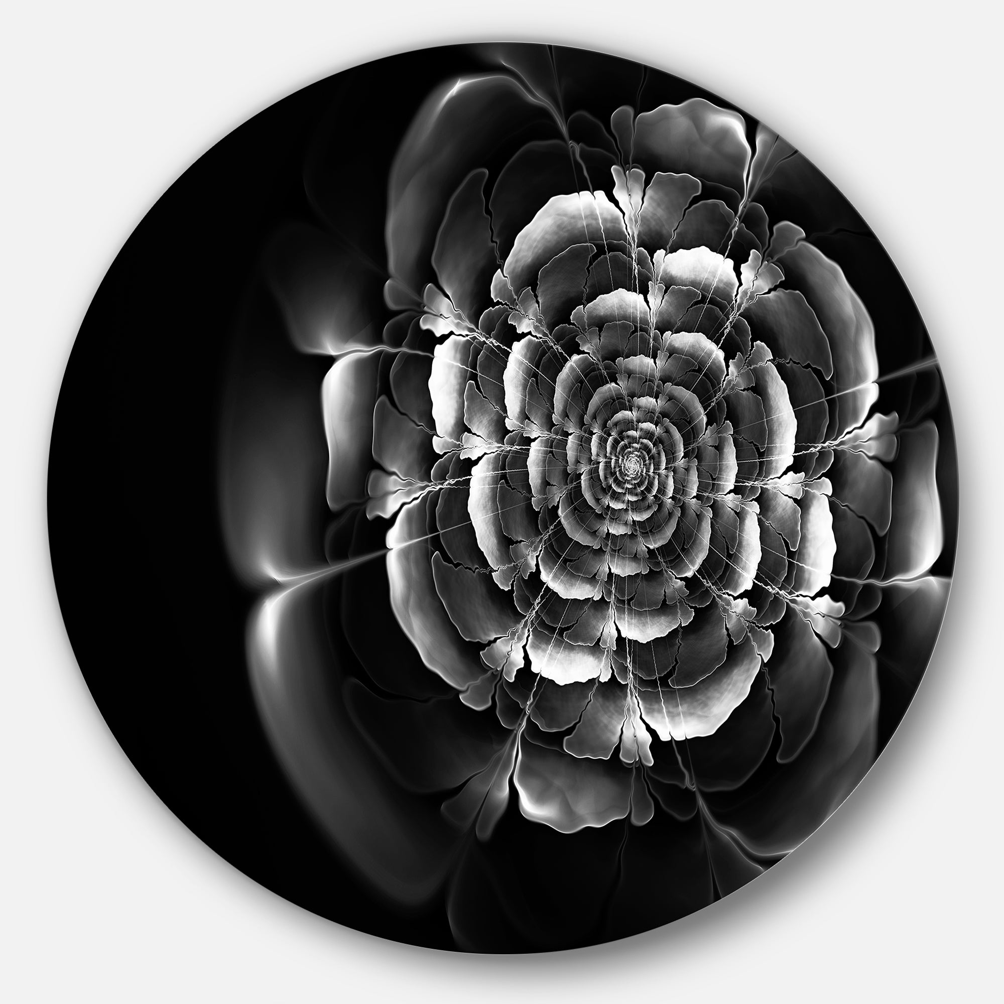 Fractal Silver Rose in Dark' Floral Circle Metal Wall Art