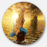 Sea Mermaid with Ghost Ship' Seascape Circle Metal Wall Art