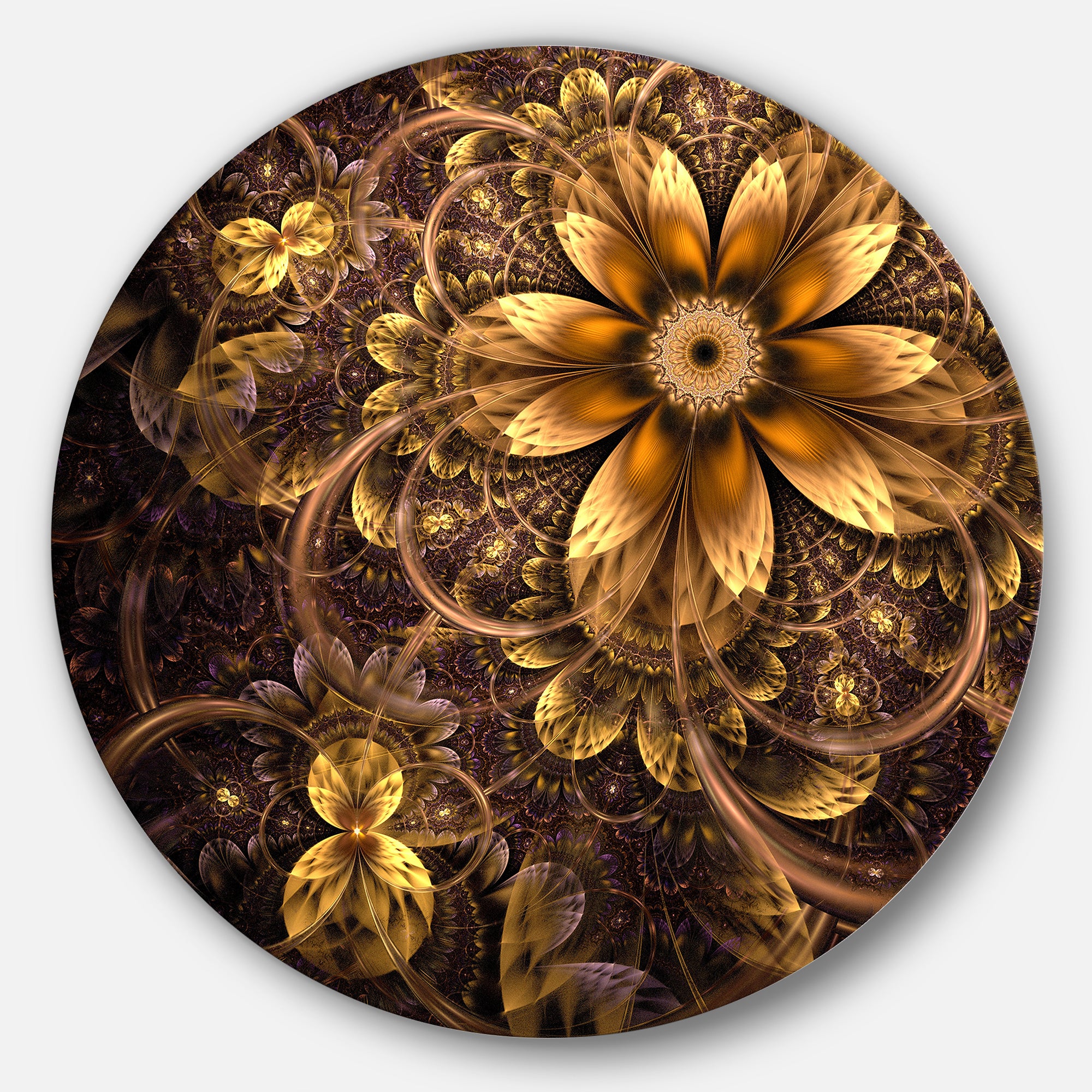 Fractal Dark Yellow Flower' Floral Circle Metal Wall Art