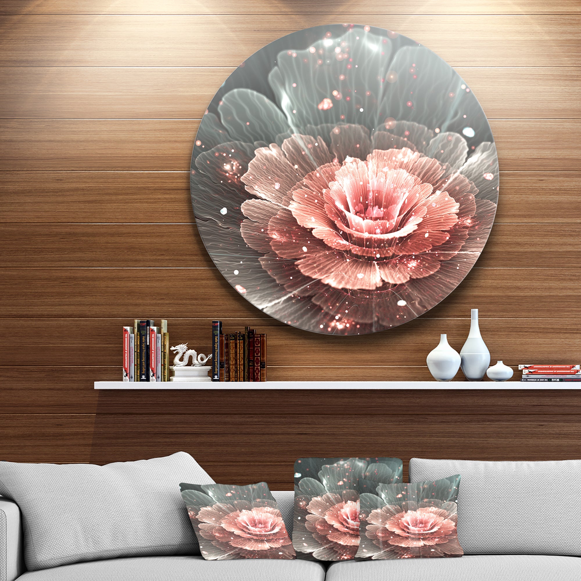 Abstract Fractal Pink Gray Flower' Floral Circle Metal Wall Art