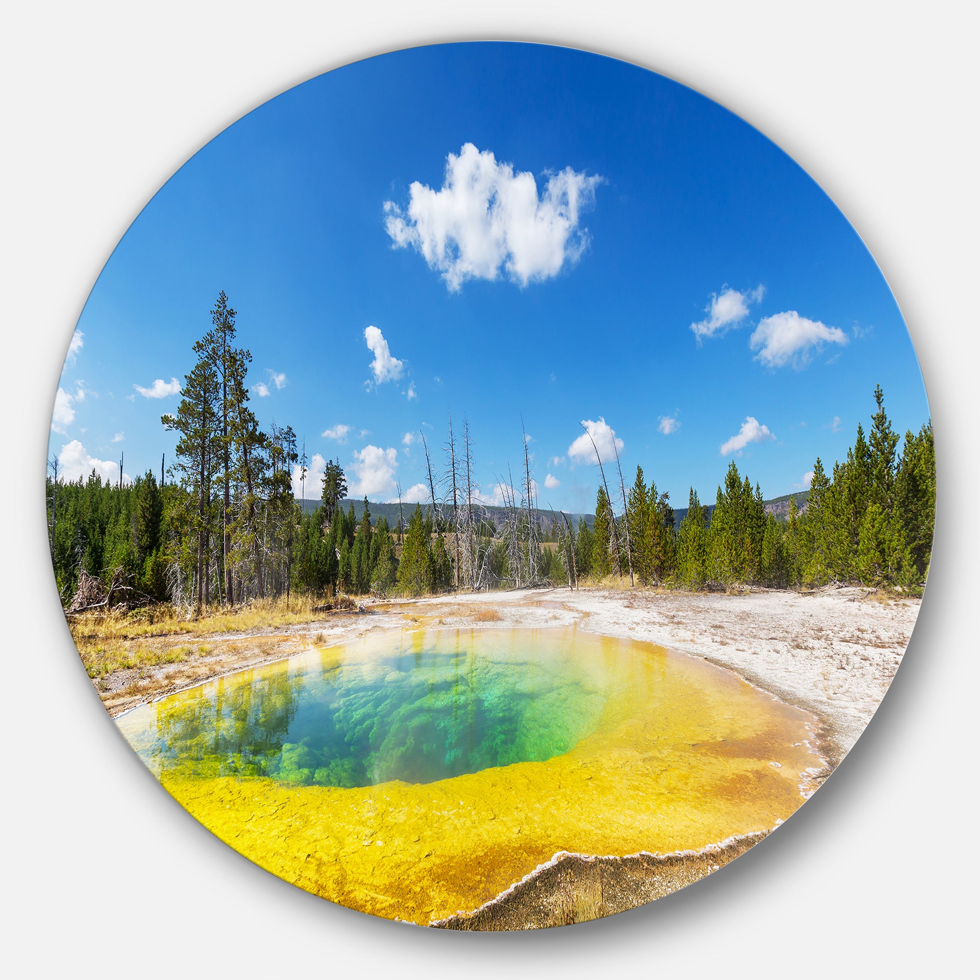 Morning Glory Pool with Bright Sky' Landscape Photography Circle Metal Wall Art