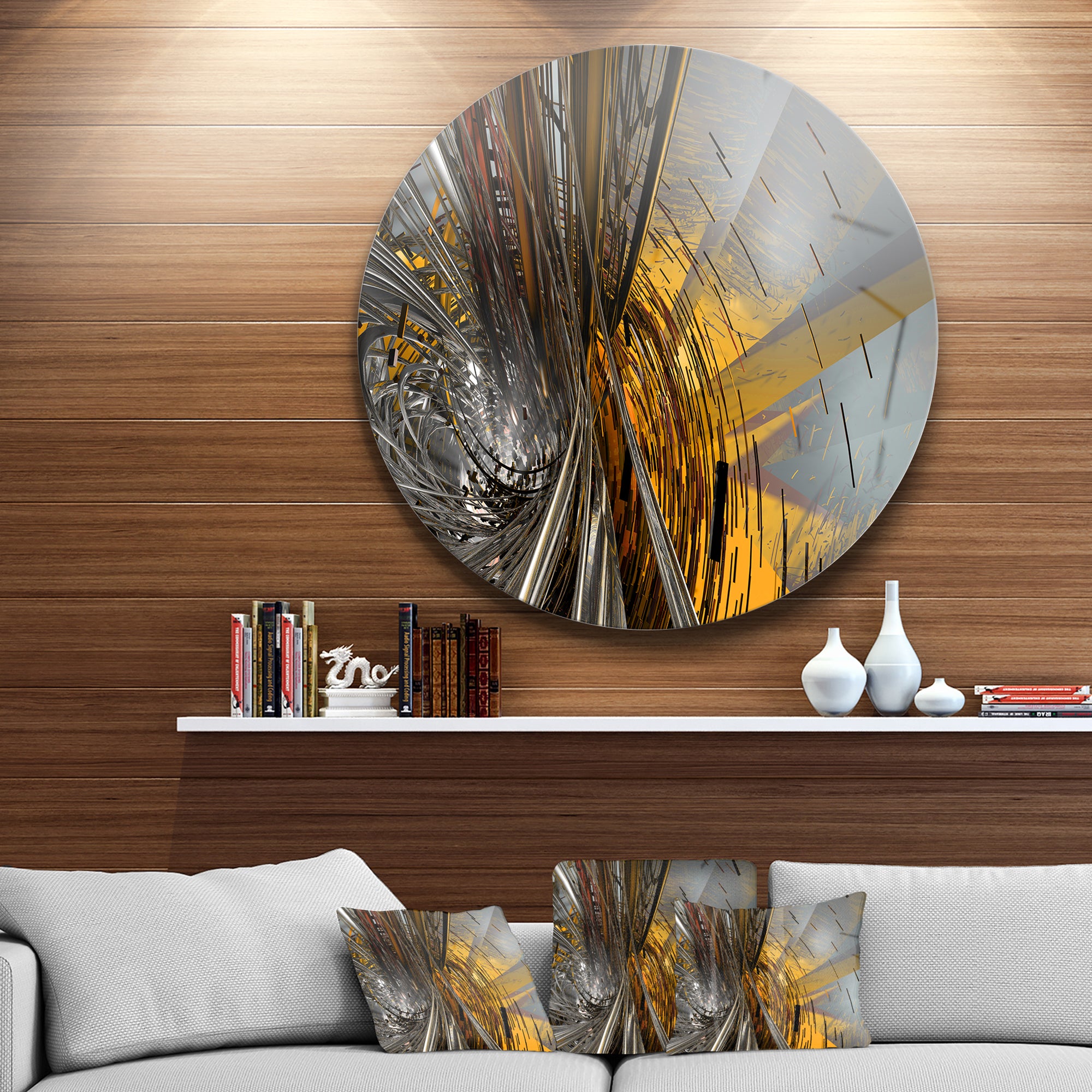 Fractal Yellow Connected Stripes' Abstract Circle Metal Wall Art