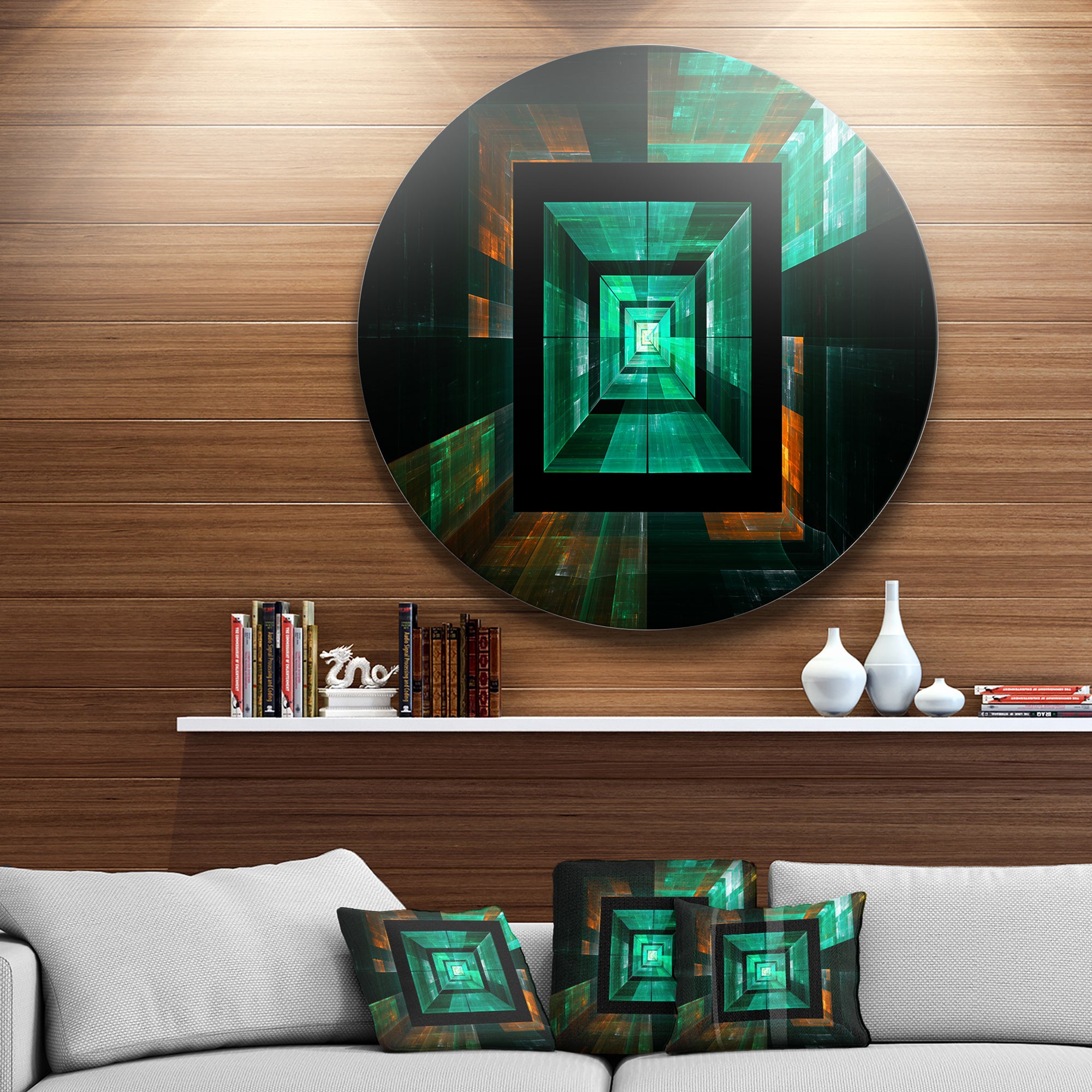 Deep Green Infinite Cube' Abstract Circle Metal Wall Art