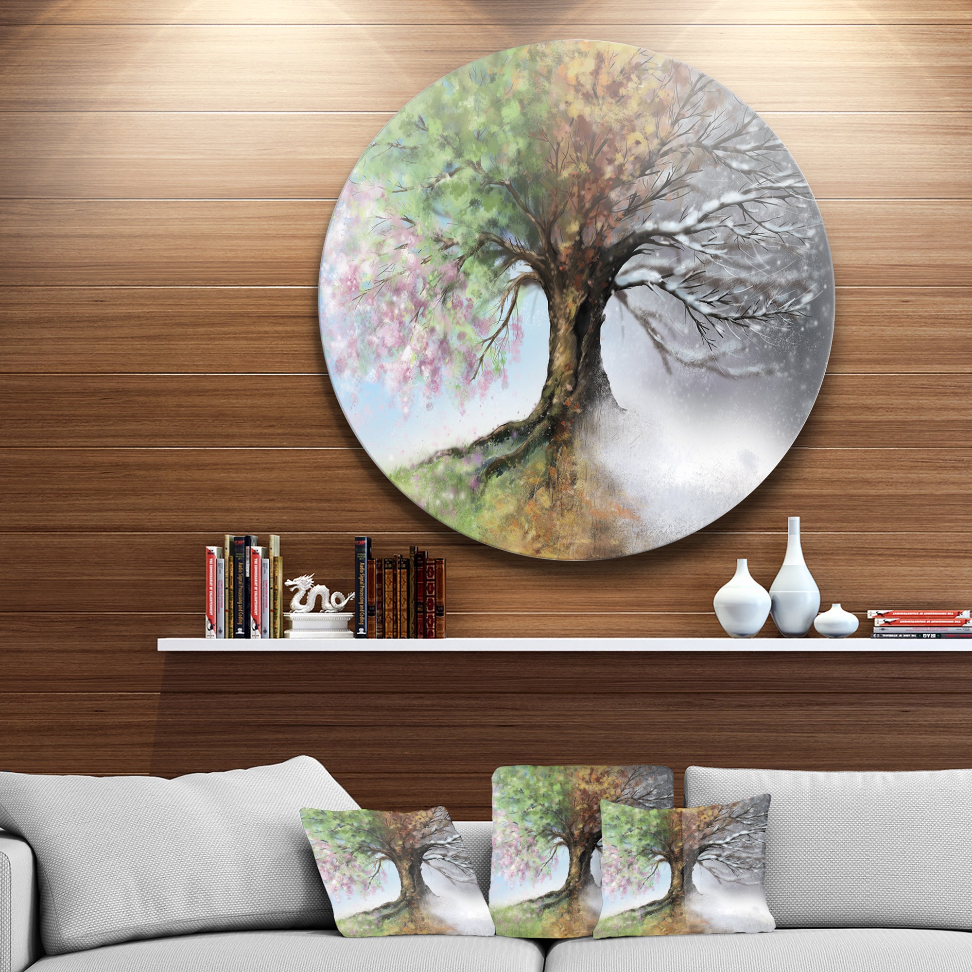Tree with Four Seasons' Tree Painting Circle Metal Wall Art