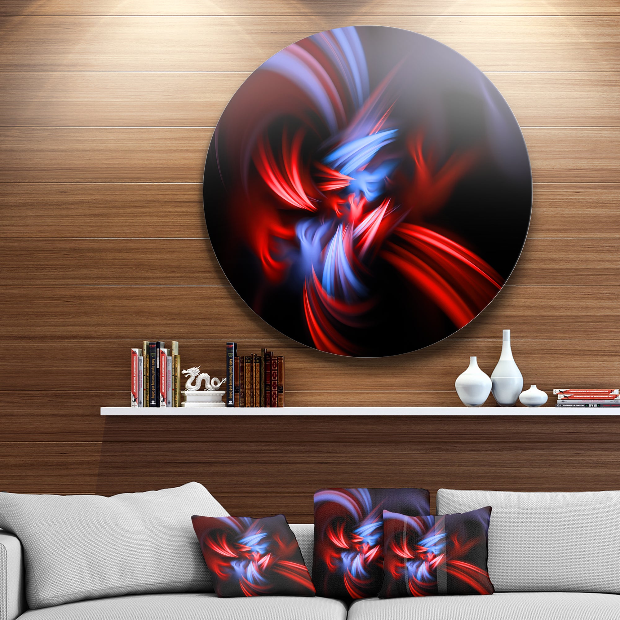 Fractal Red Connected Stripes' Abstract Circle Metal Wall Art