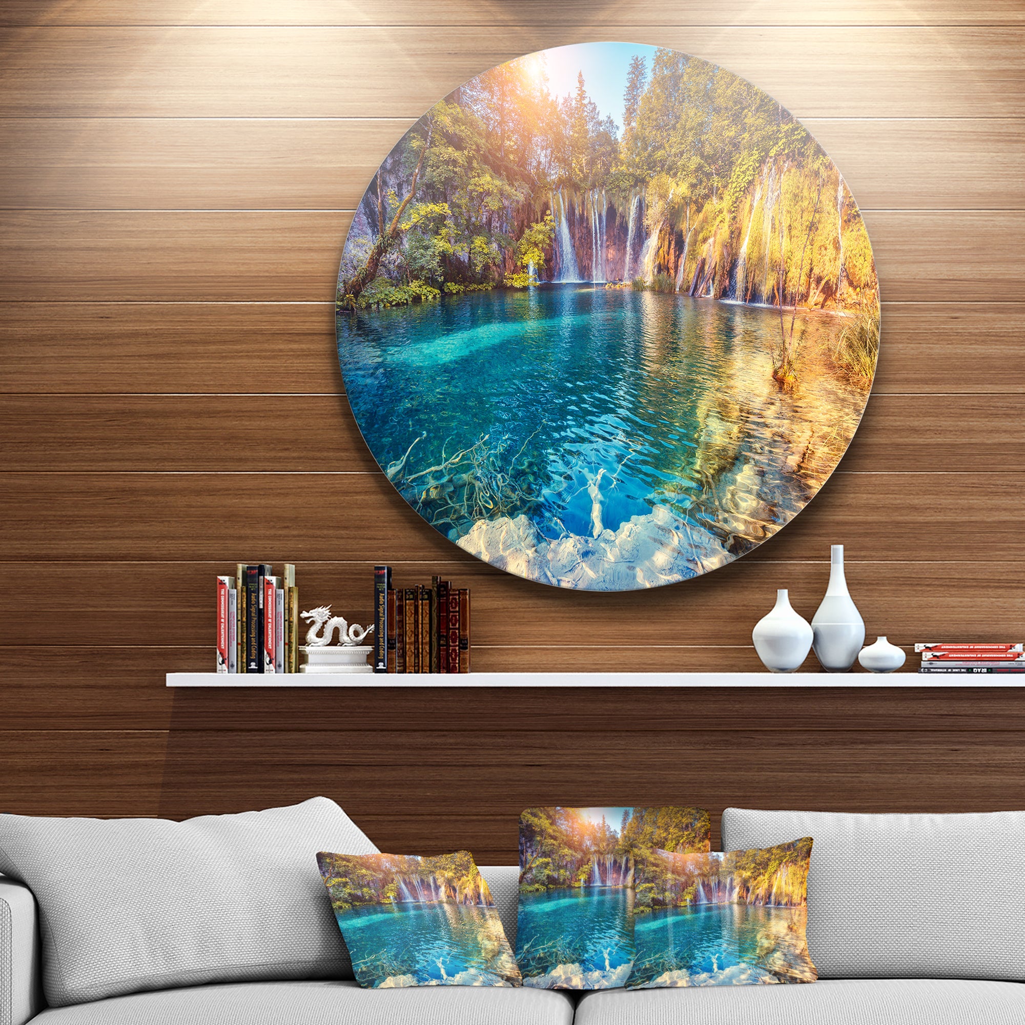 Turquoise Water and Sunny Beams' Landscape Photography Circle Metal Wall Art
