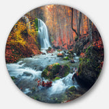 Autumn Mountain Waterfall Long View' Landscape Photography Circle Metal Wall Art